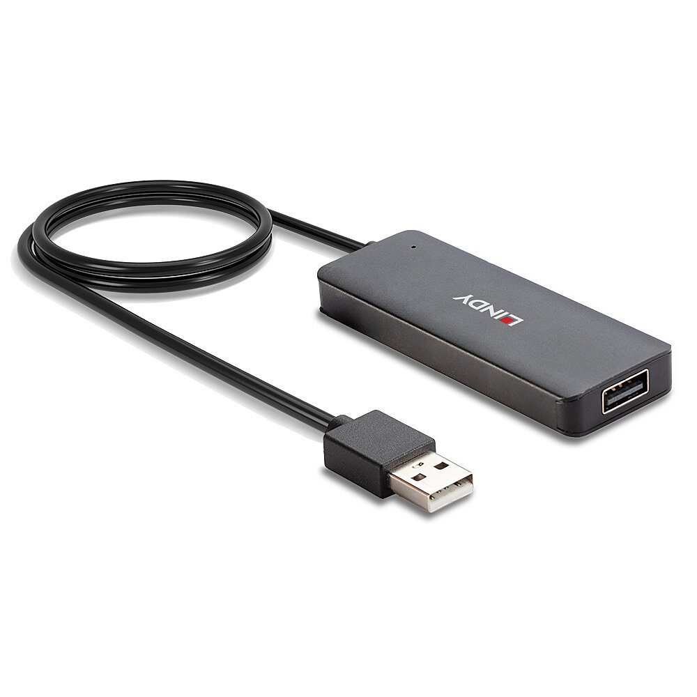 Un hub USB nero con una porta USB e un cavo nero.