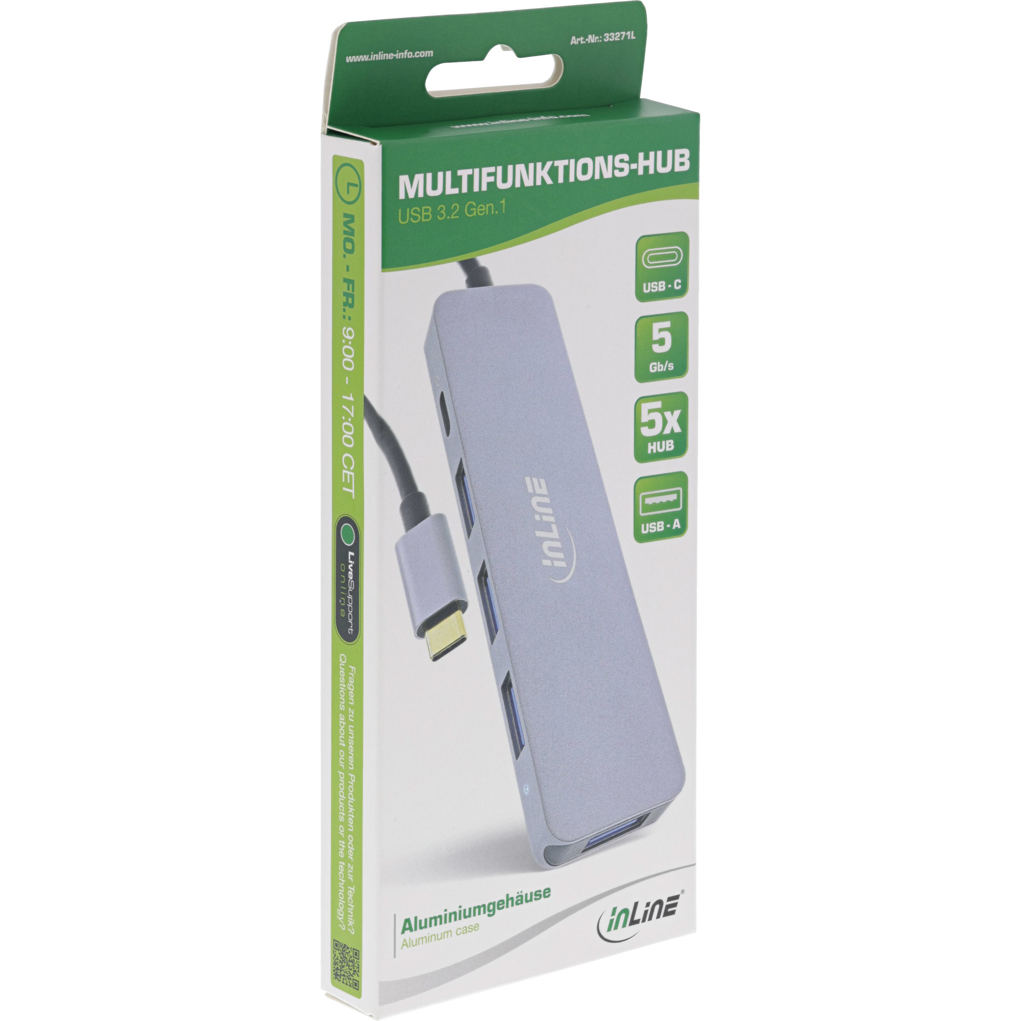 Un hub USB argentato in una scatola con cavo USB-C collegato. La scatola ha testo e immagini.