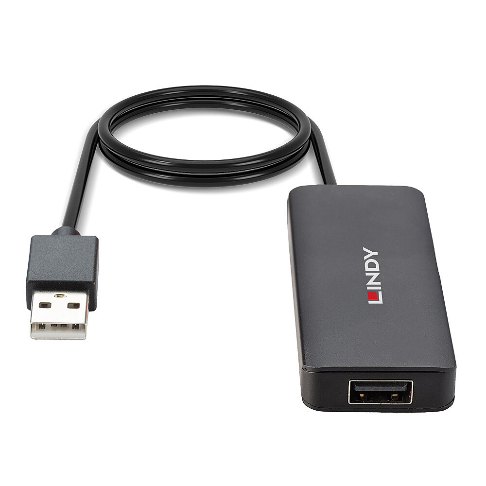 Un hub USB nero con cavo nero ad anello, su sfondo bianco, e logo Lindy.