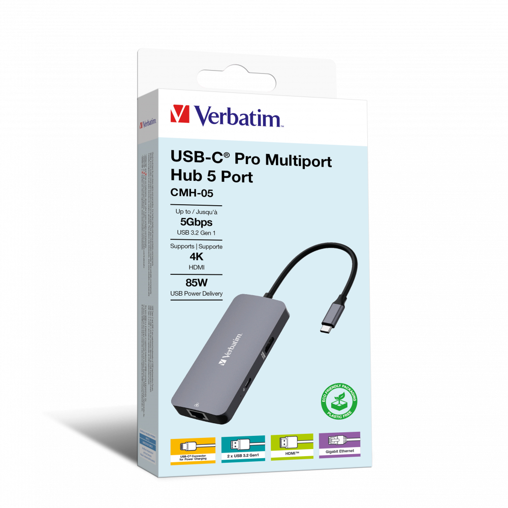 Confezione hub multiporta Verbatim USB-C Pro con immagine del prodotto, sfondo bianco.