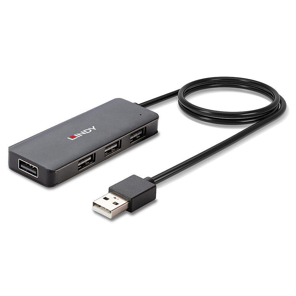 Hub USB grigio con quattro porte USB e un cavo nero collegato con connettore USB.