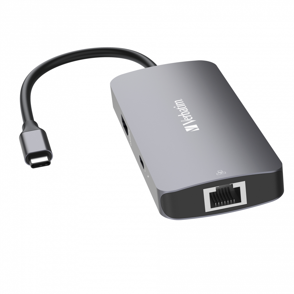 Un hub USB argento con cavo nero, logo Verbatim, su sfondo bianco.