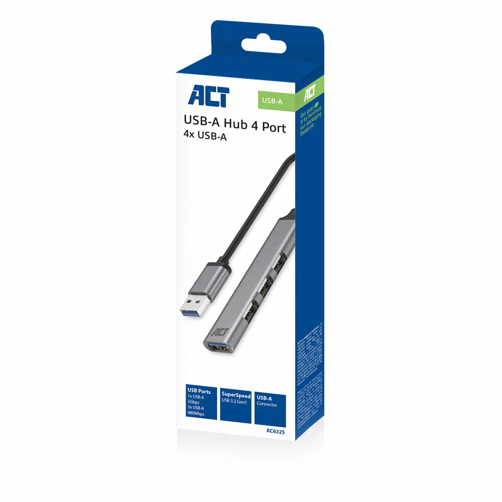 Scatola hub USB-A: Scatola nera e blu che mostra un hub con 4 porte USB e un connettore USB-A.