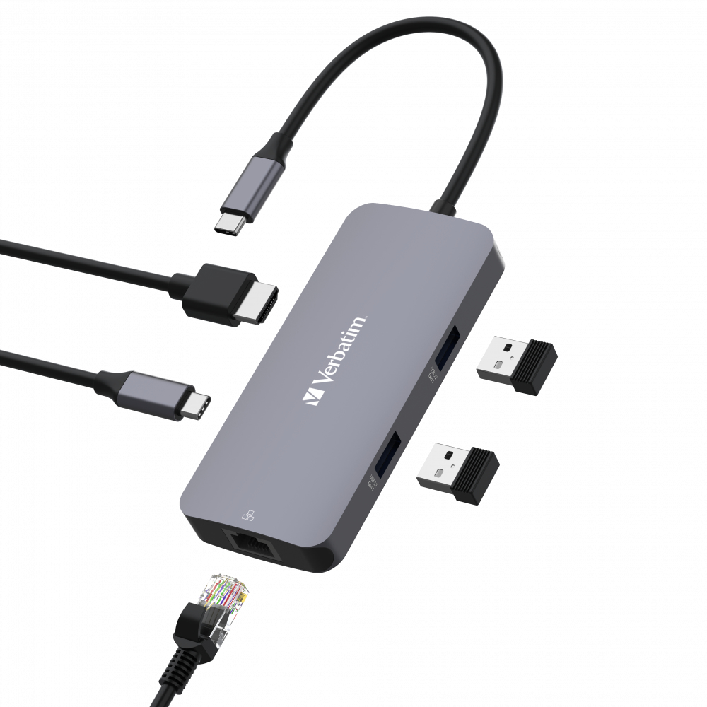 Un hub grigio Verbatim con porte USB e cavi USB-C, HDMI ed Ethernet.