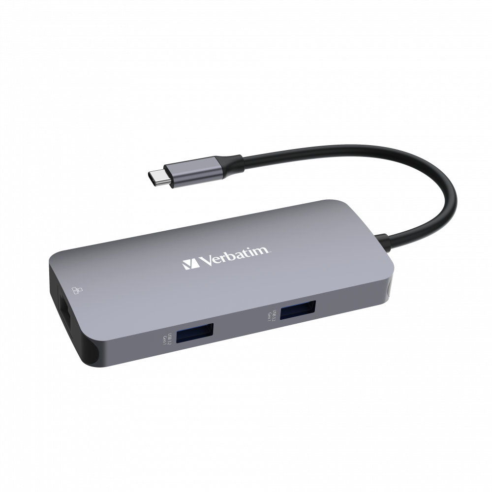 Hub USB Verbatim grigio con cavo nero e connettore USB-C. Dispone di porte USB 3.0.