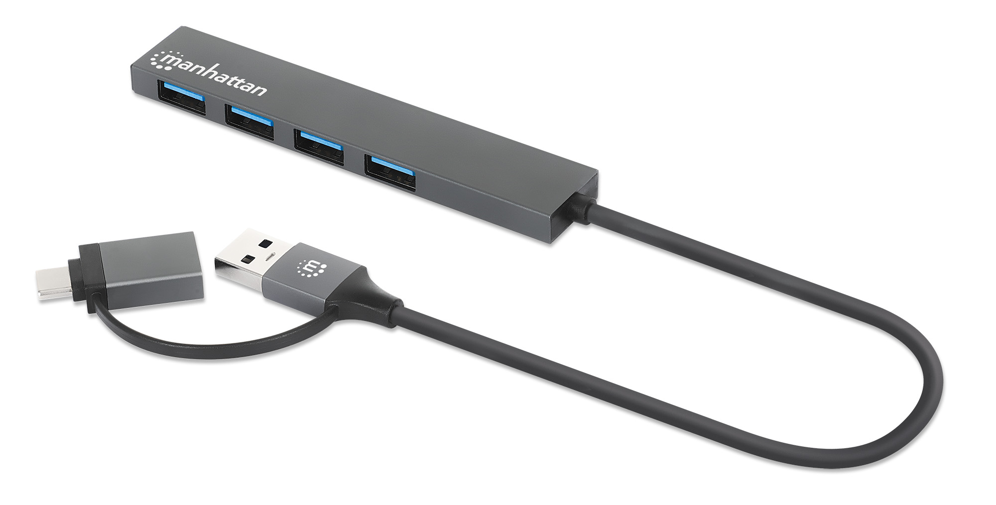 Un hub USB grigio con quattro porte, con un cavo USB-C e USB-A. Sfondo bianco.