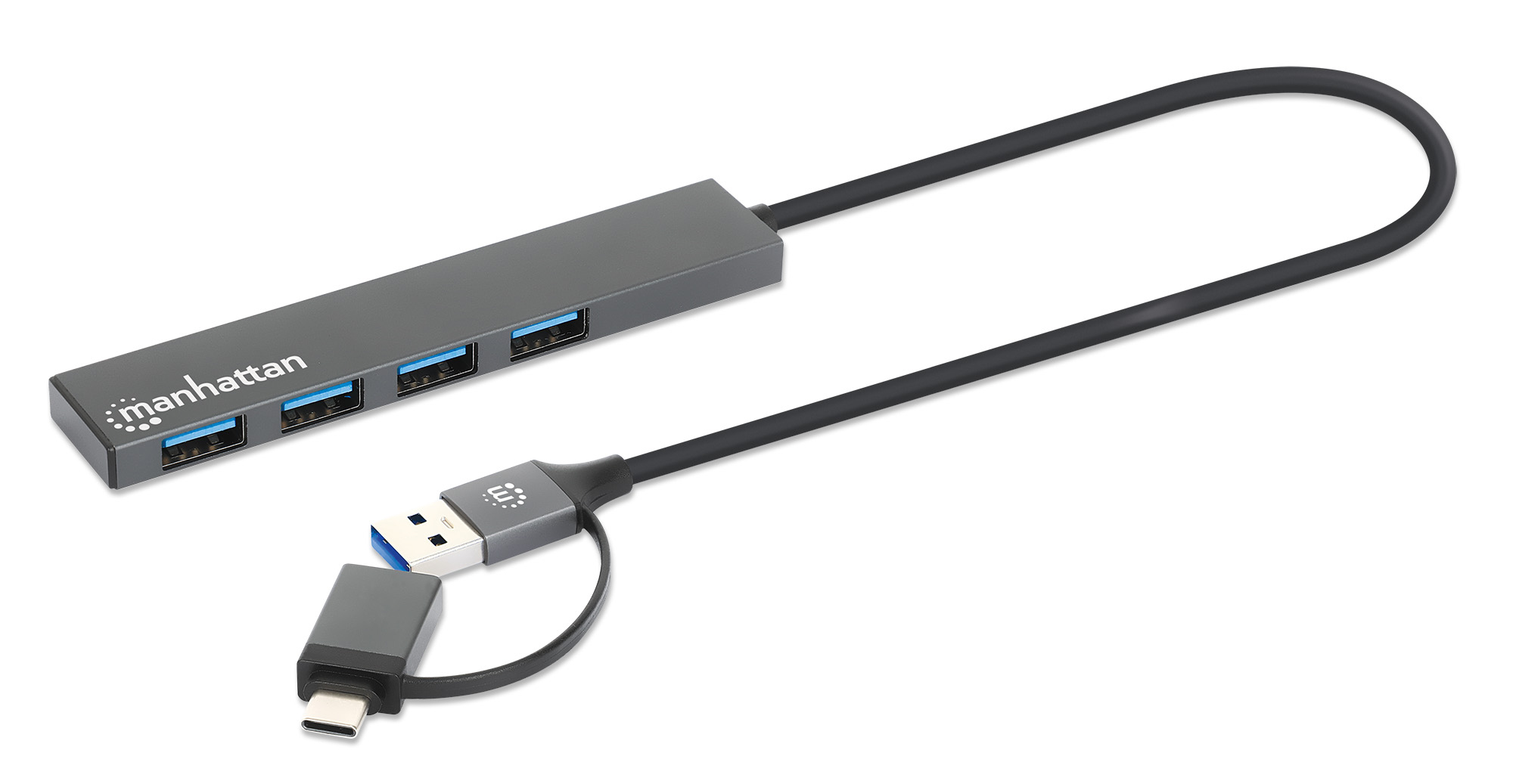 Un hub USB grigio con quattro porte USB, collegato a un laptop, su sfondo bianco.