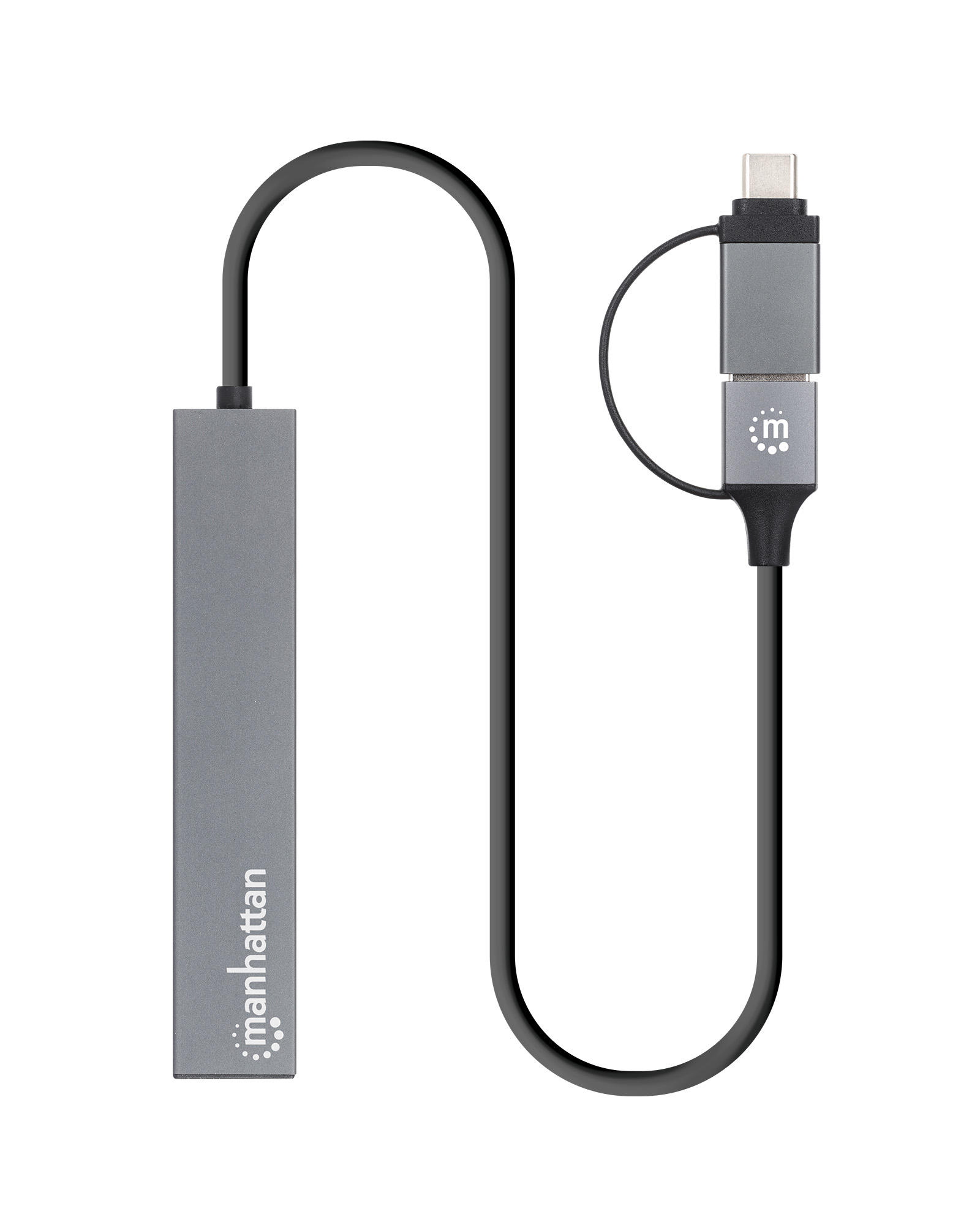 Hub USB Manhattan grigio con connettore USB-C e cavo grigio, su sfondo bianco.