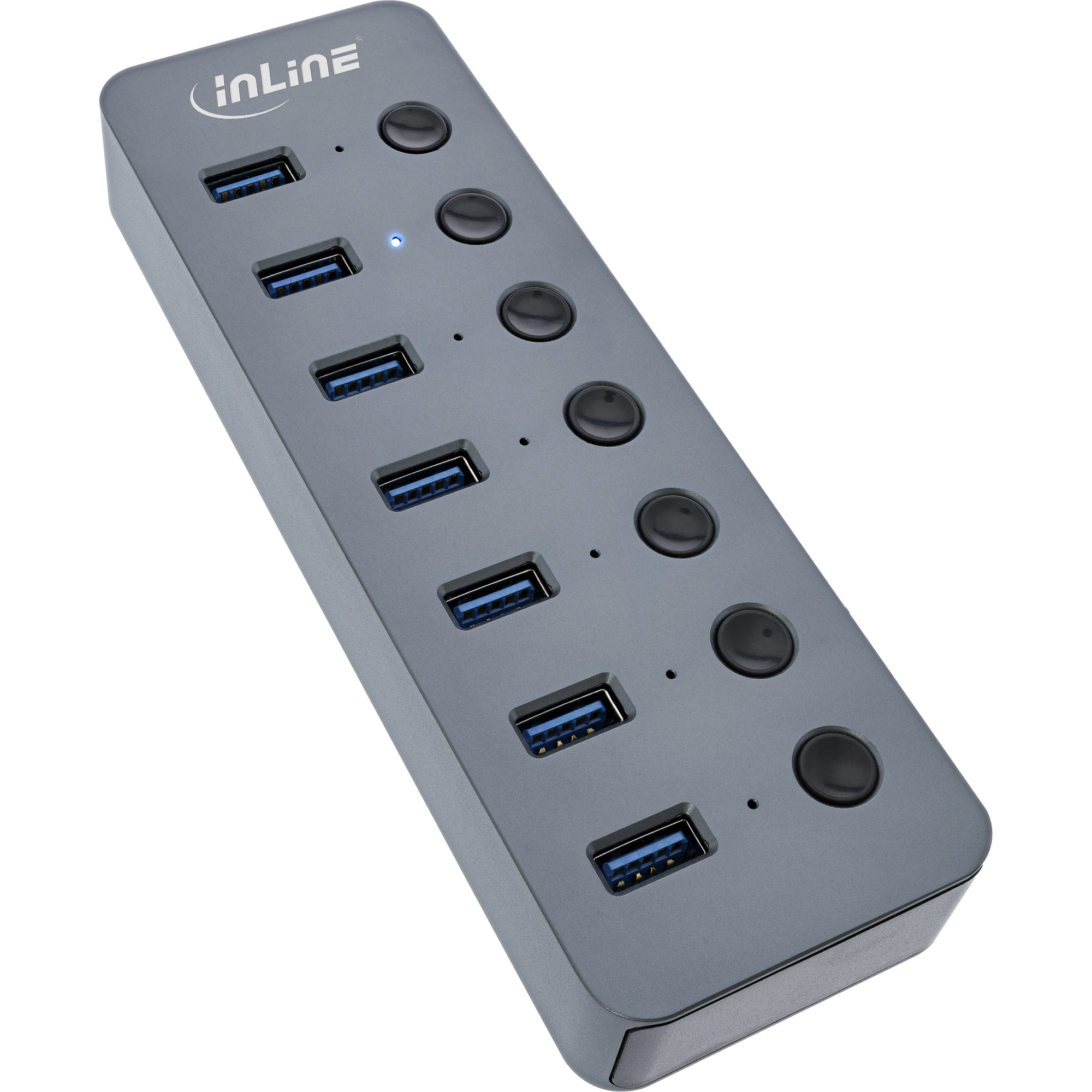 Un hub USB grigio con 7 porte USB e pulsanti neri. Il logo inLine è visibile.