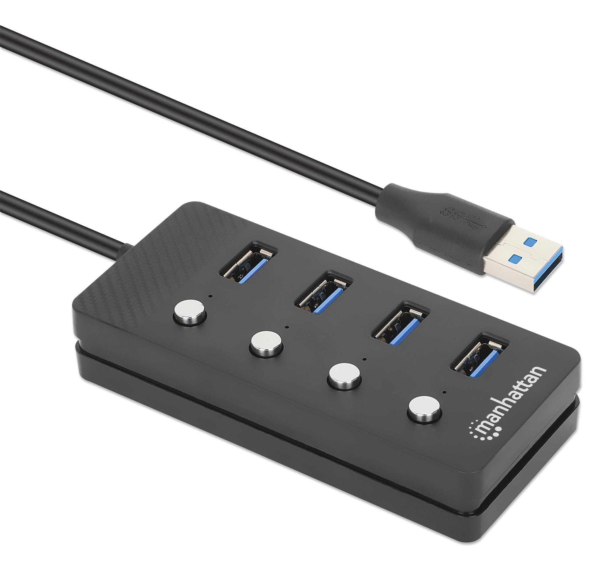 Hub USB nero con quattro porte e cavo USB, sfondo bianco.