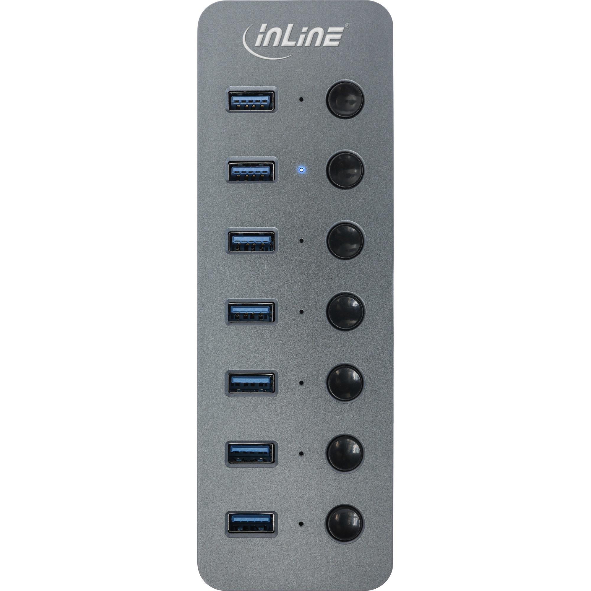 Un hub USB grigio con sette porte USB e pulsanti di accensione, marchio inLine.