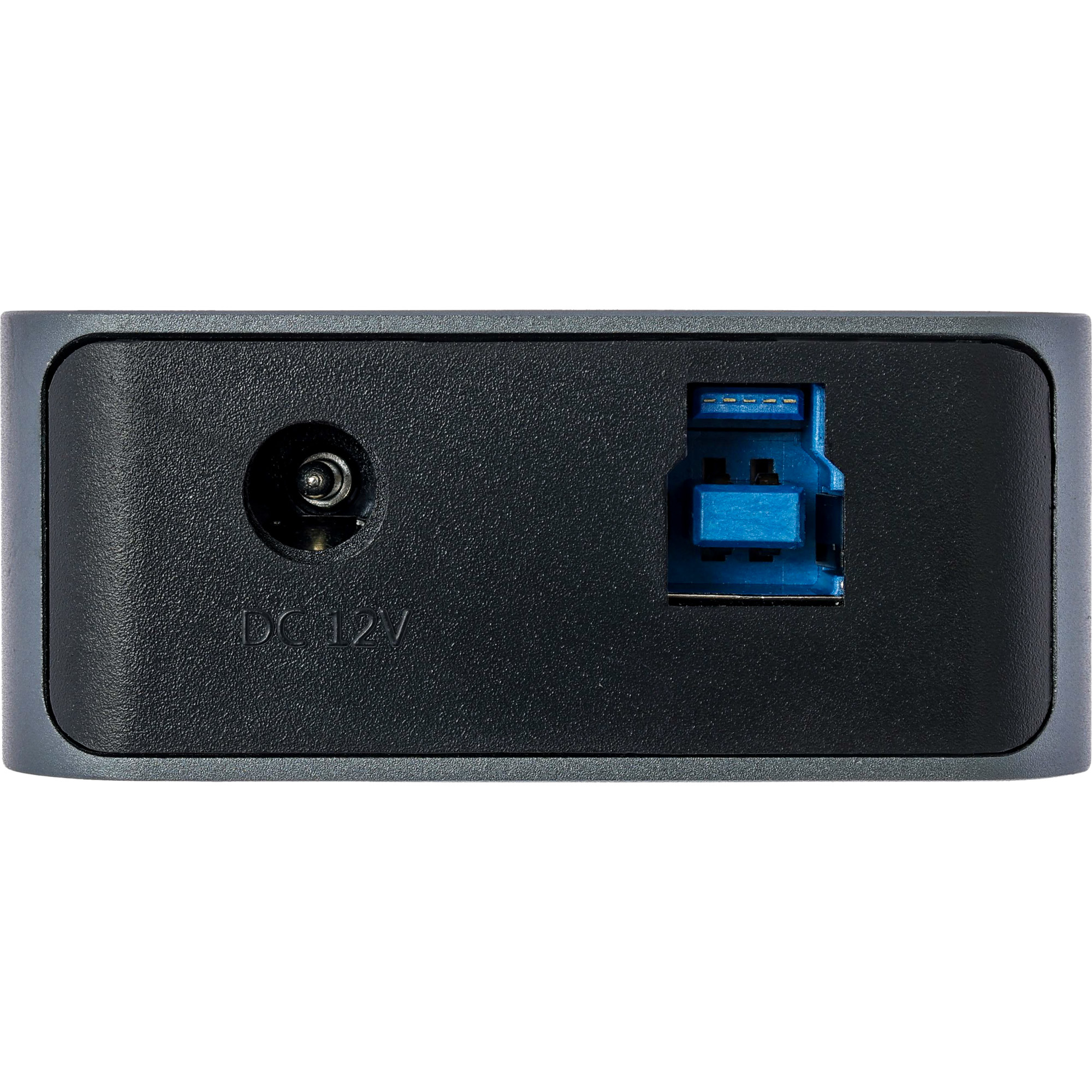Retro di un hub USB con ingresso DC 12V e porta USB blu.