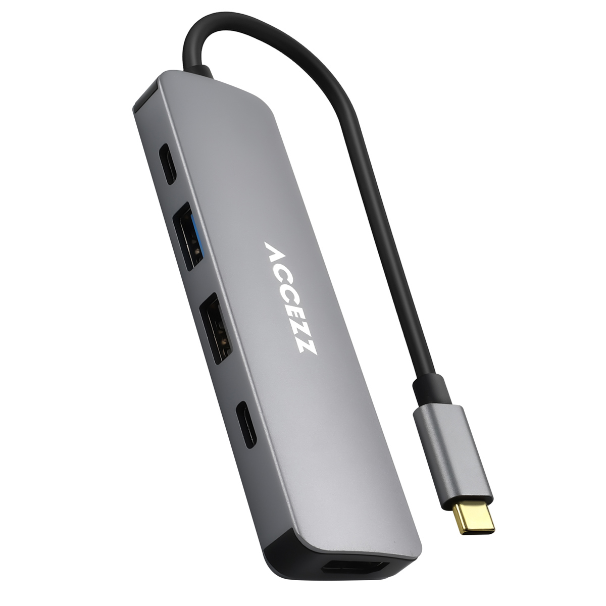 Een grijze USB-C-hub met meerdere poorten en een zwarte kabel en connector.