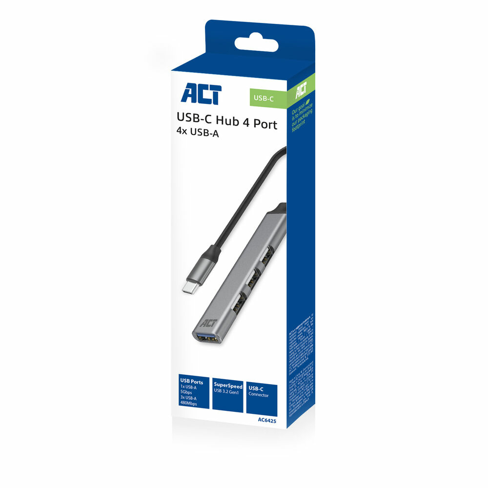 Scatola hub USB-C con hub e cavo. Testo: USB-C Hub 4 Port 4x USB-A.