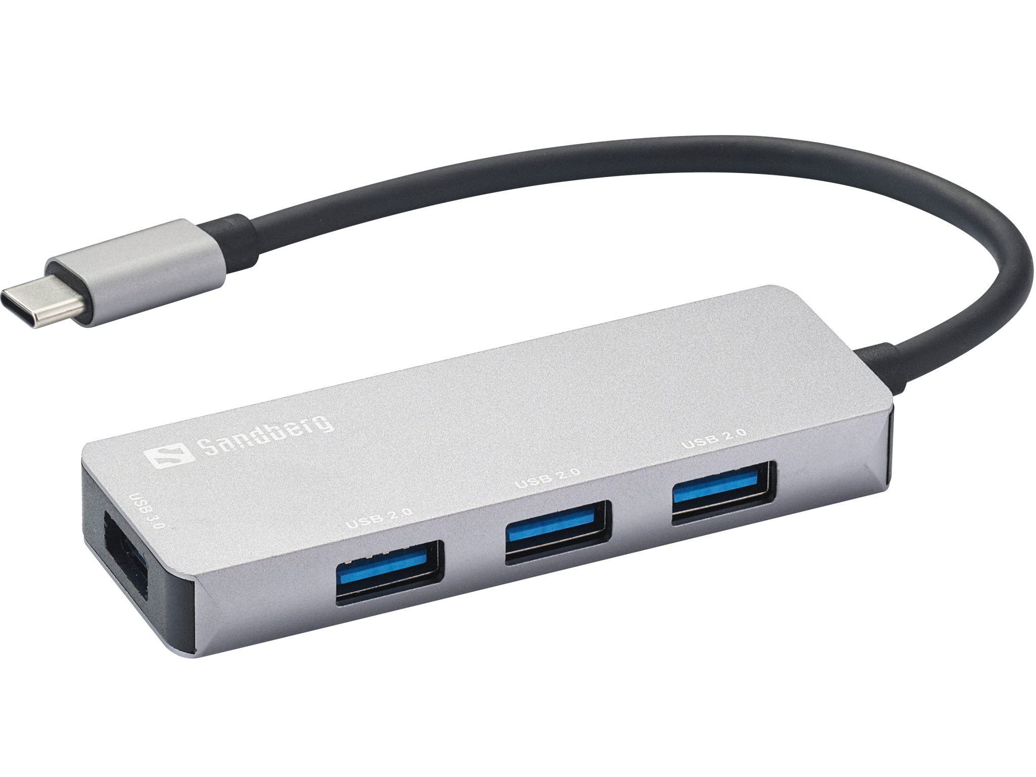 Hub USB argento con connettore USB-C e tre porte USB 2.0, cavo nero, sfondo bianco.