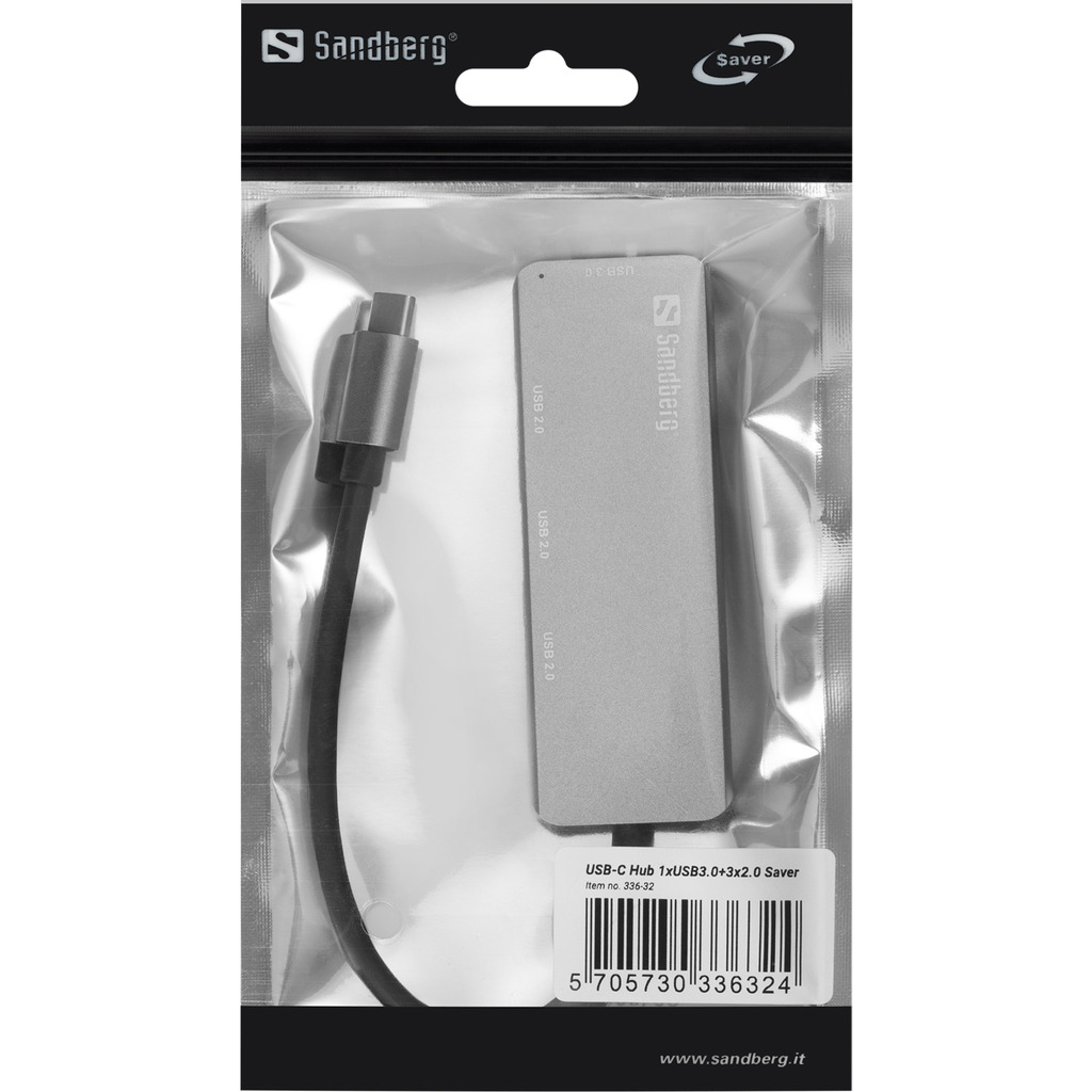 Hub USB argentato in confezione di plastica trasparente, con cavo USB-C, su sfondo bianco.