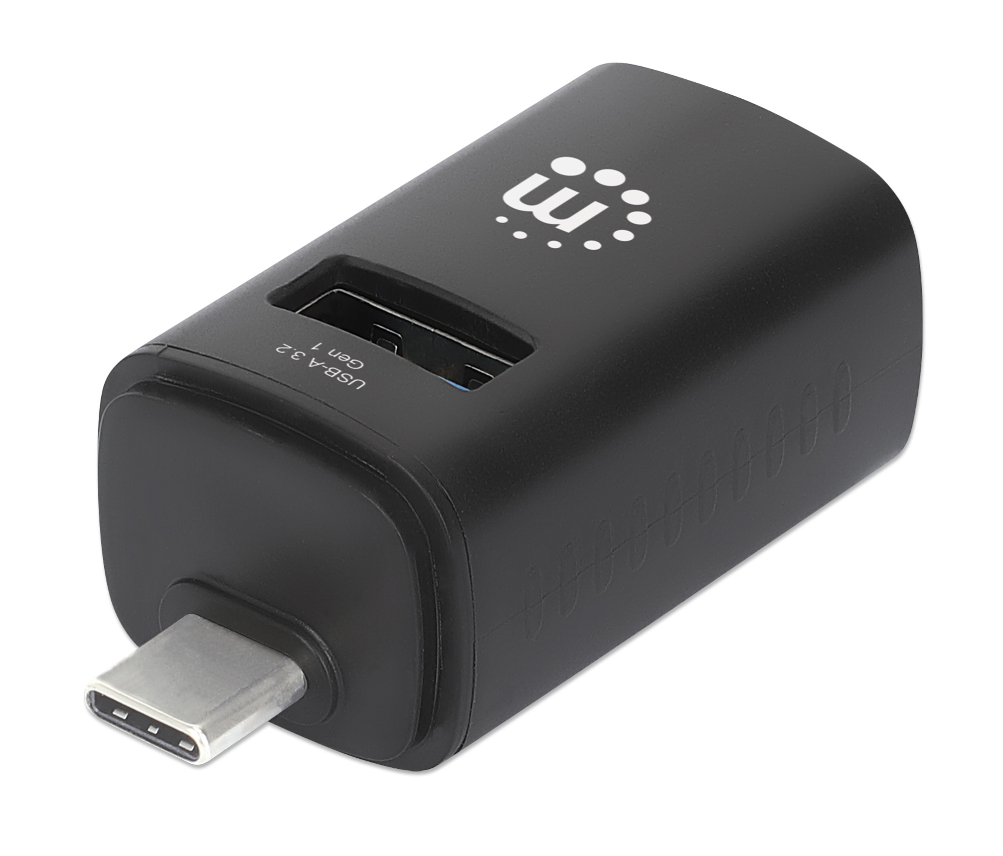 Adattatore USB-C nero con logo bianco. L'adattatore ha una porta USB-A.