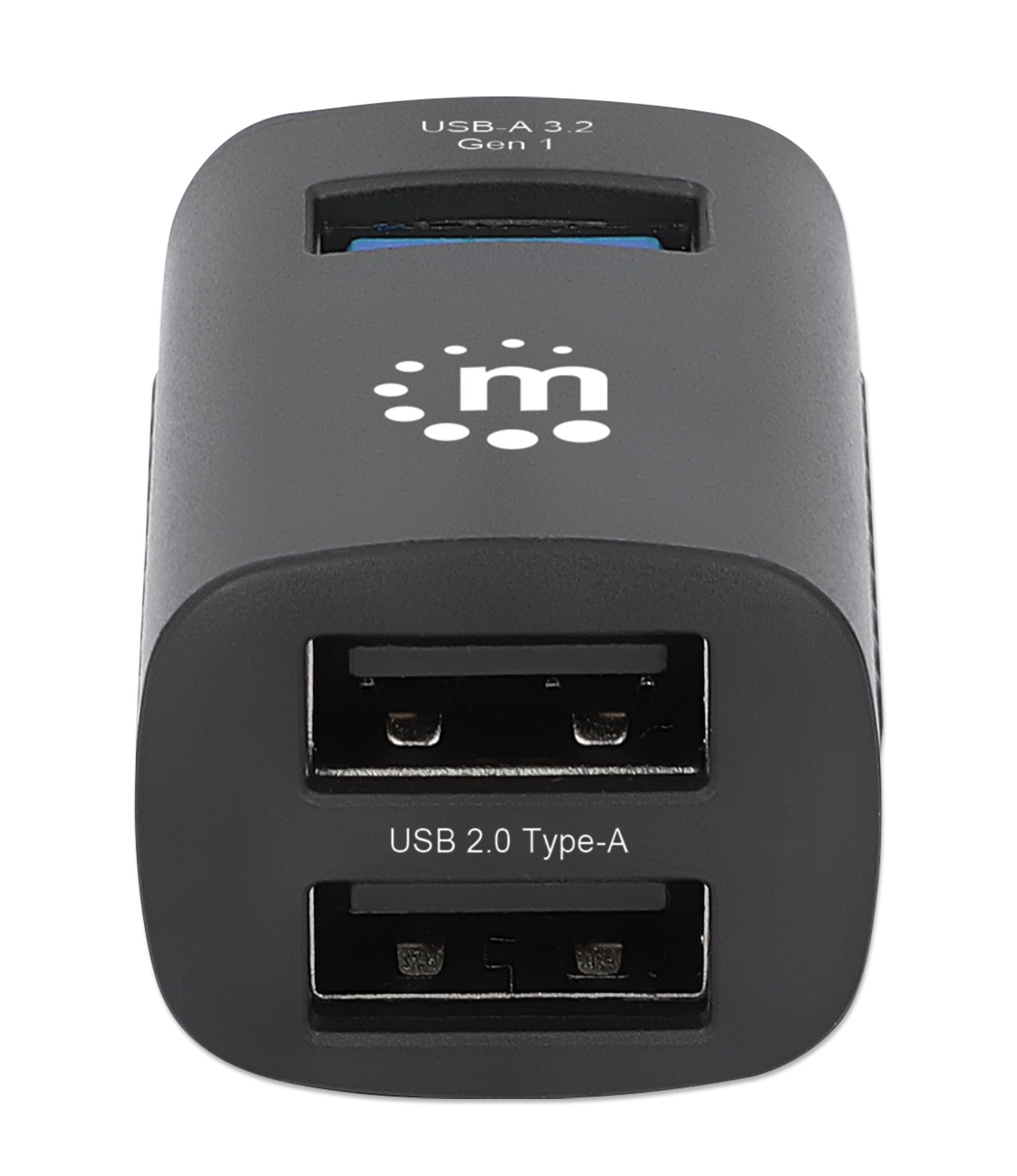 Un hub USB nero con due porte USB 2.0. Il logo 'm' è in alto.