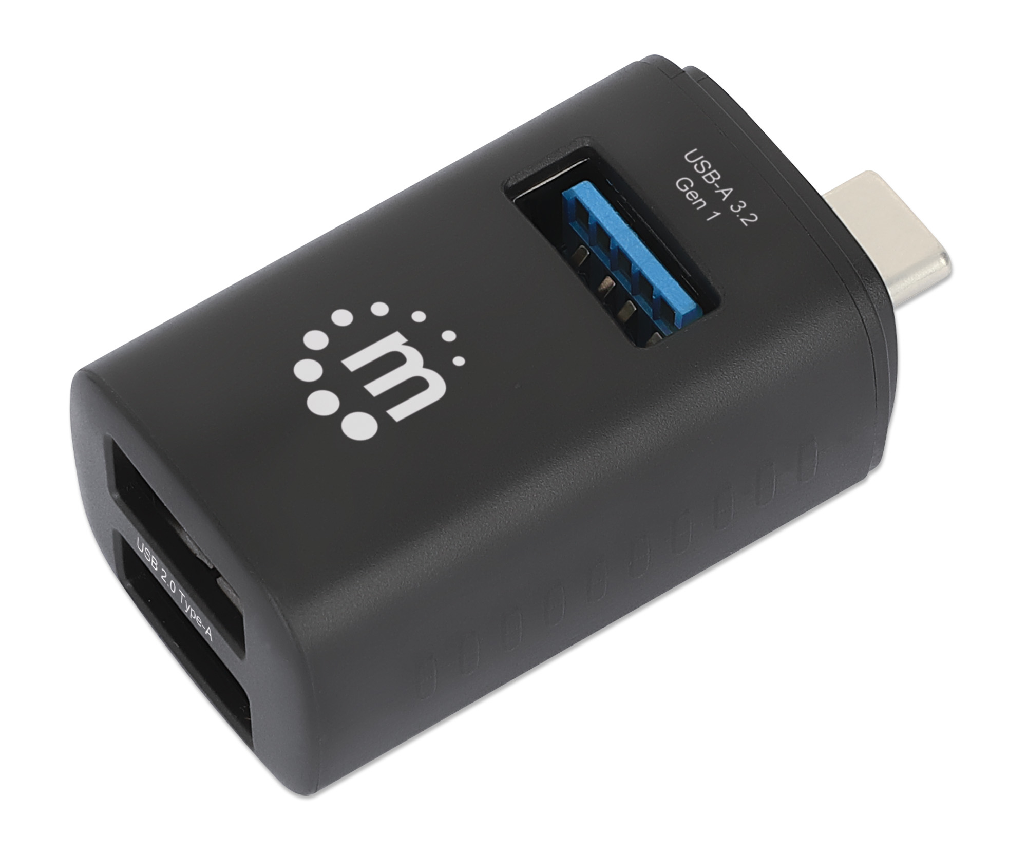 Hub USB nero con due porte USB-A 2.0 e una porta USB-A 3.2 Gen 1, sfondo bianco.
