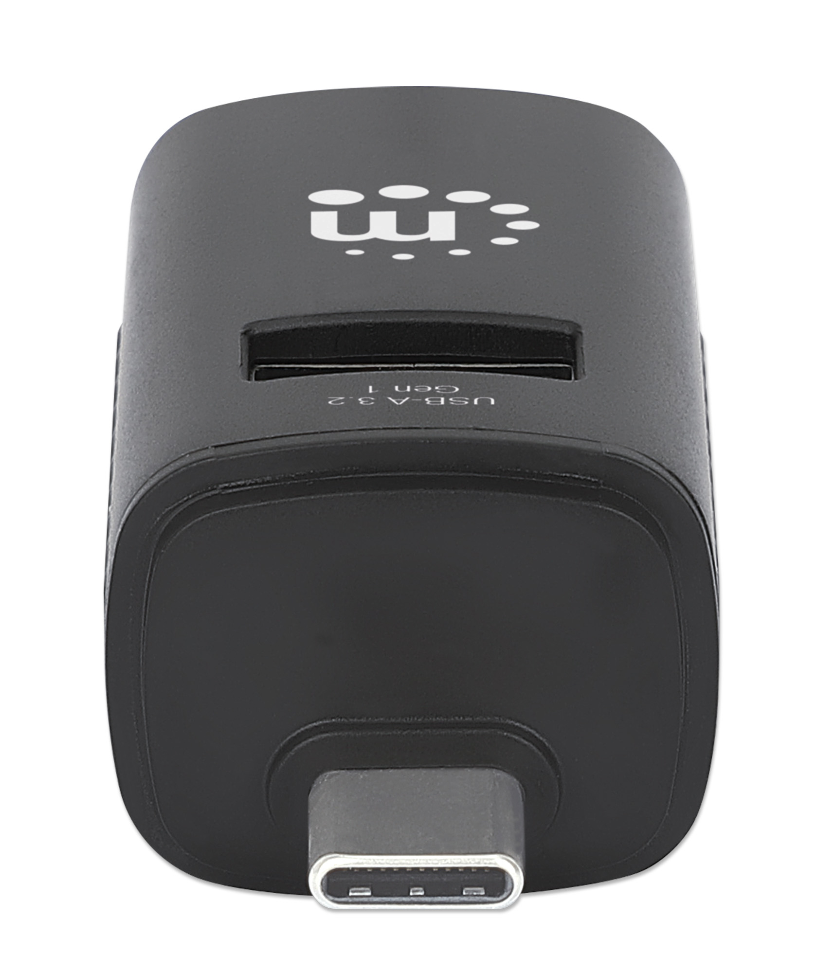 Adattatore nero USB-A 3.2 a USB-C con un fattore di forma piccolo.