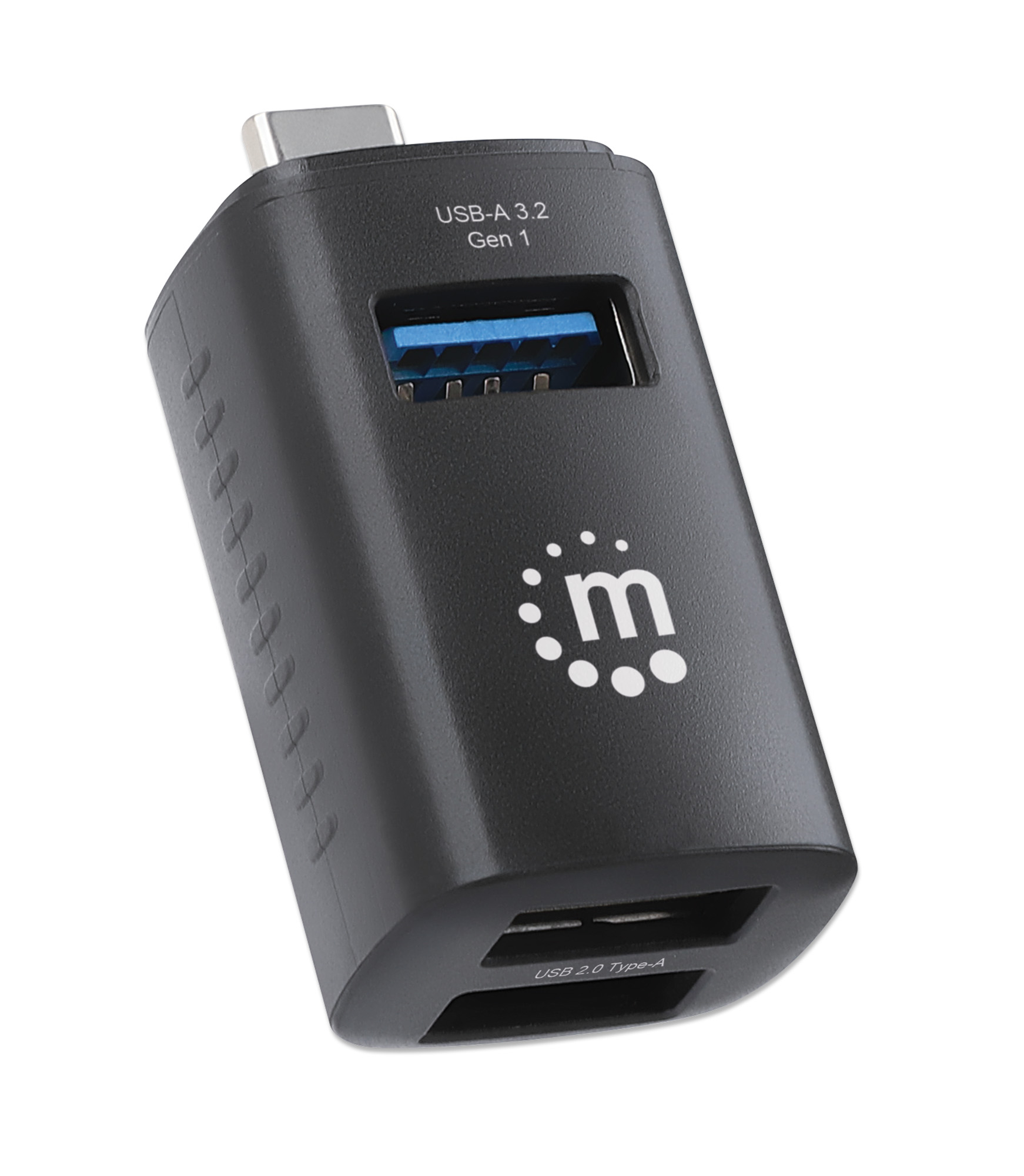 Hub USB-C nero con porte USB-A. Con logo e testo, mostra USB-A 3.2 Gen 1 e USB 2.0 Type-A.