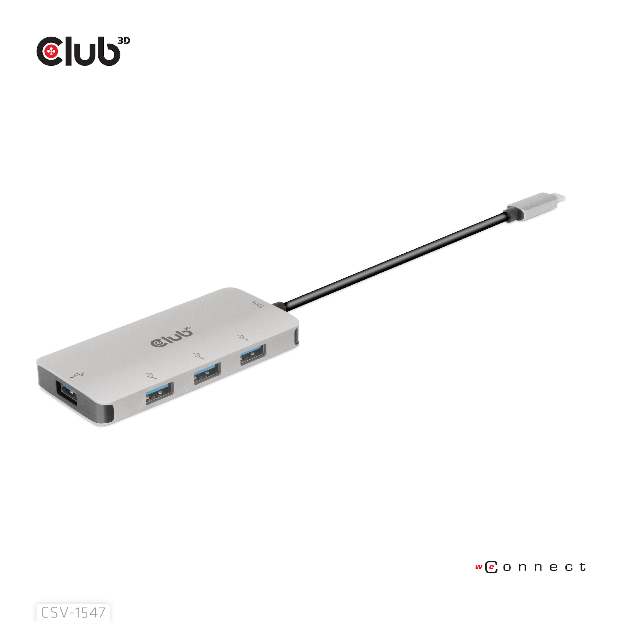 Un hub USB argentato con quattro porte e un cavo USB-C. Sfondo bianco.