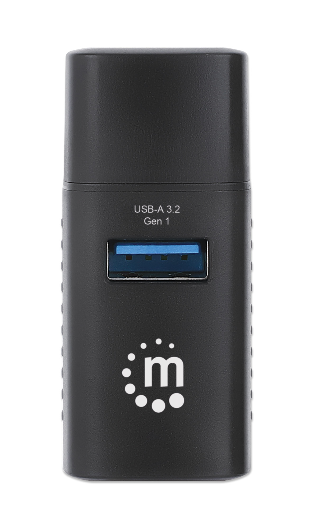 Adattatore Manhattan USB-A 3.2 Gen 1 nero con una singola porta USB, su sfondo bianco.