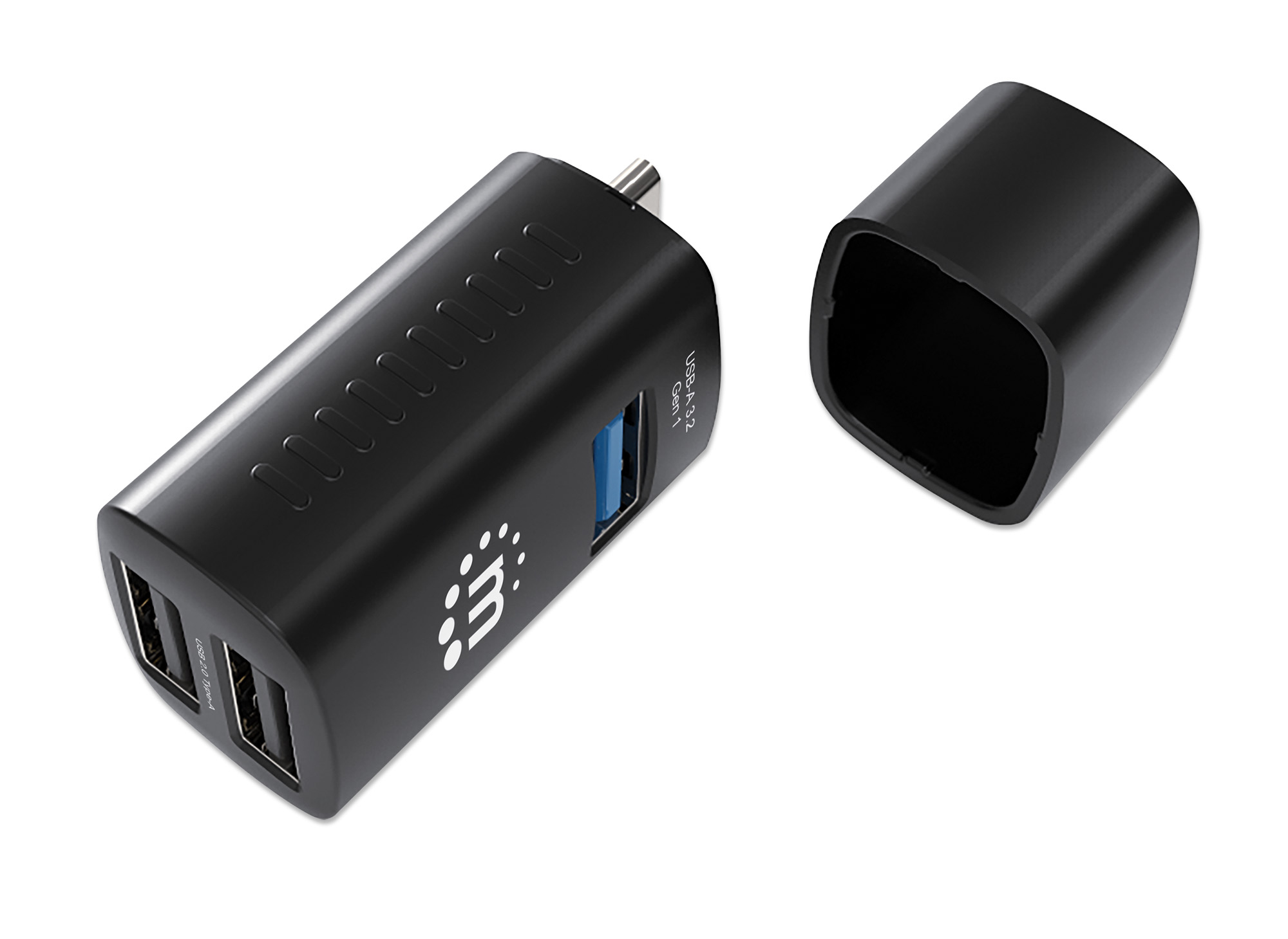 Caricabatterie USB nero con coperchio rimovibile. Ha porte USB e il logo del marchio.