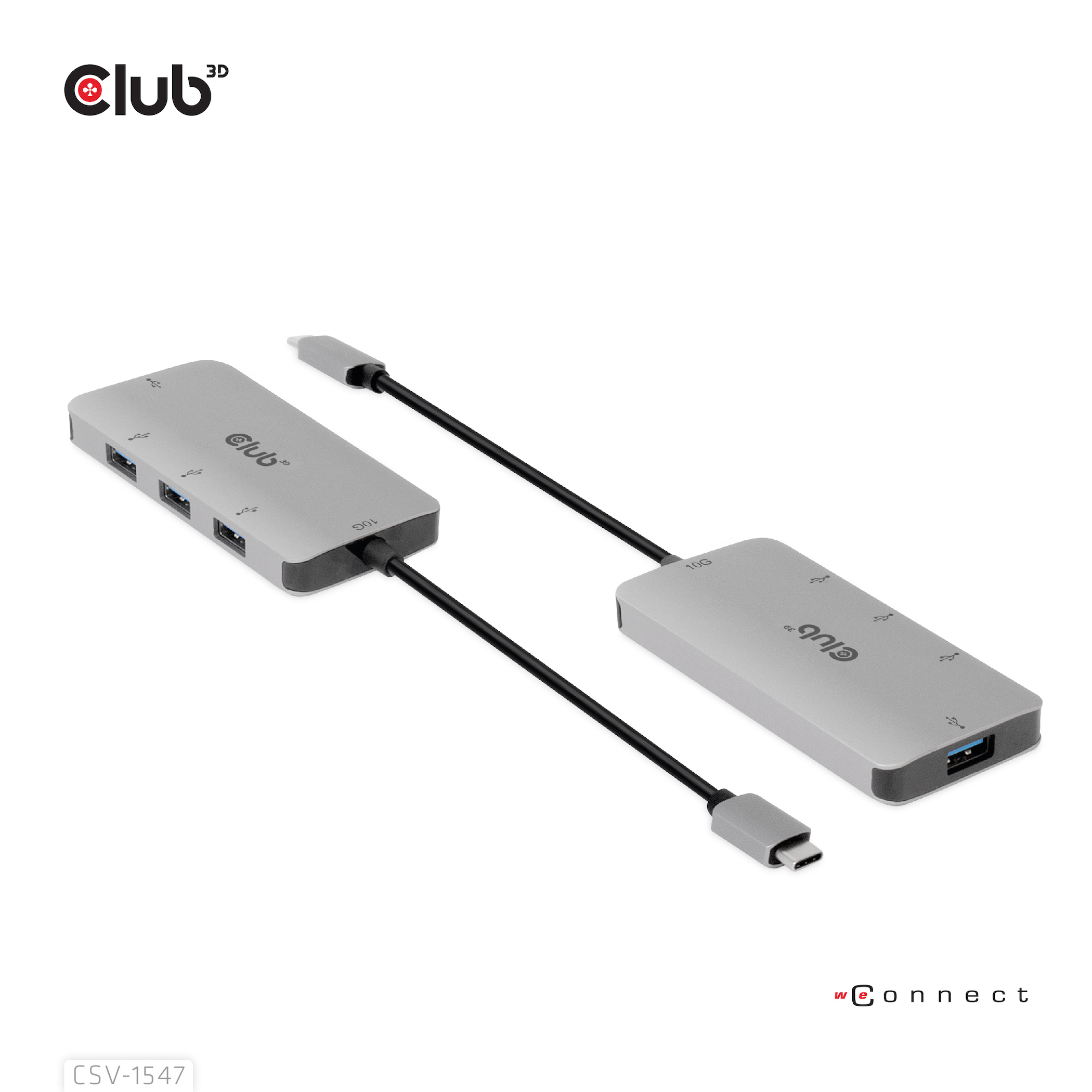 Due hub USB argentati con più porte, collegati da cavi neri. Logo Club 3D in alto.