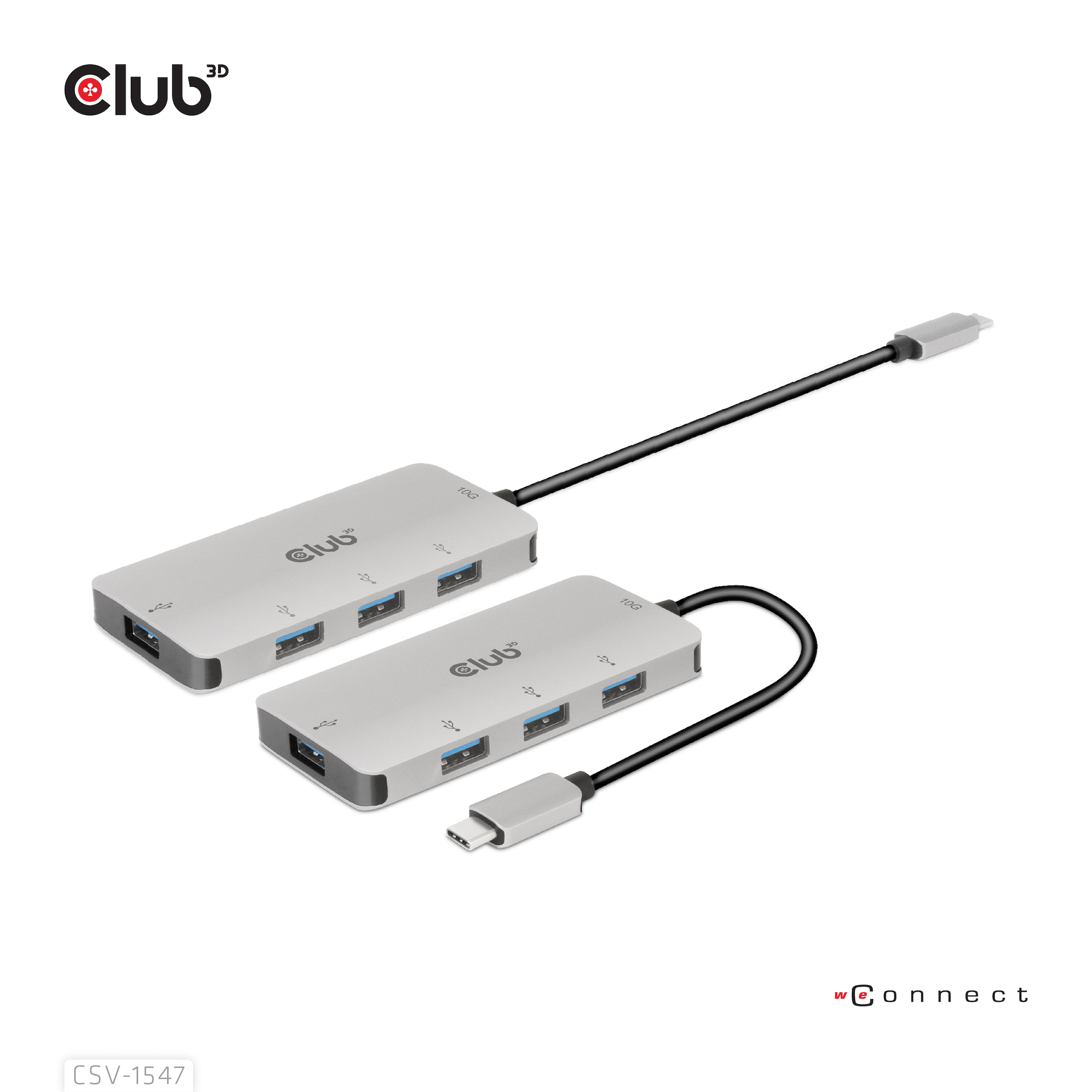 Due hub USB argentati con porte USB, cavi neri e logo, su sfondo bianco.
