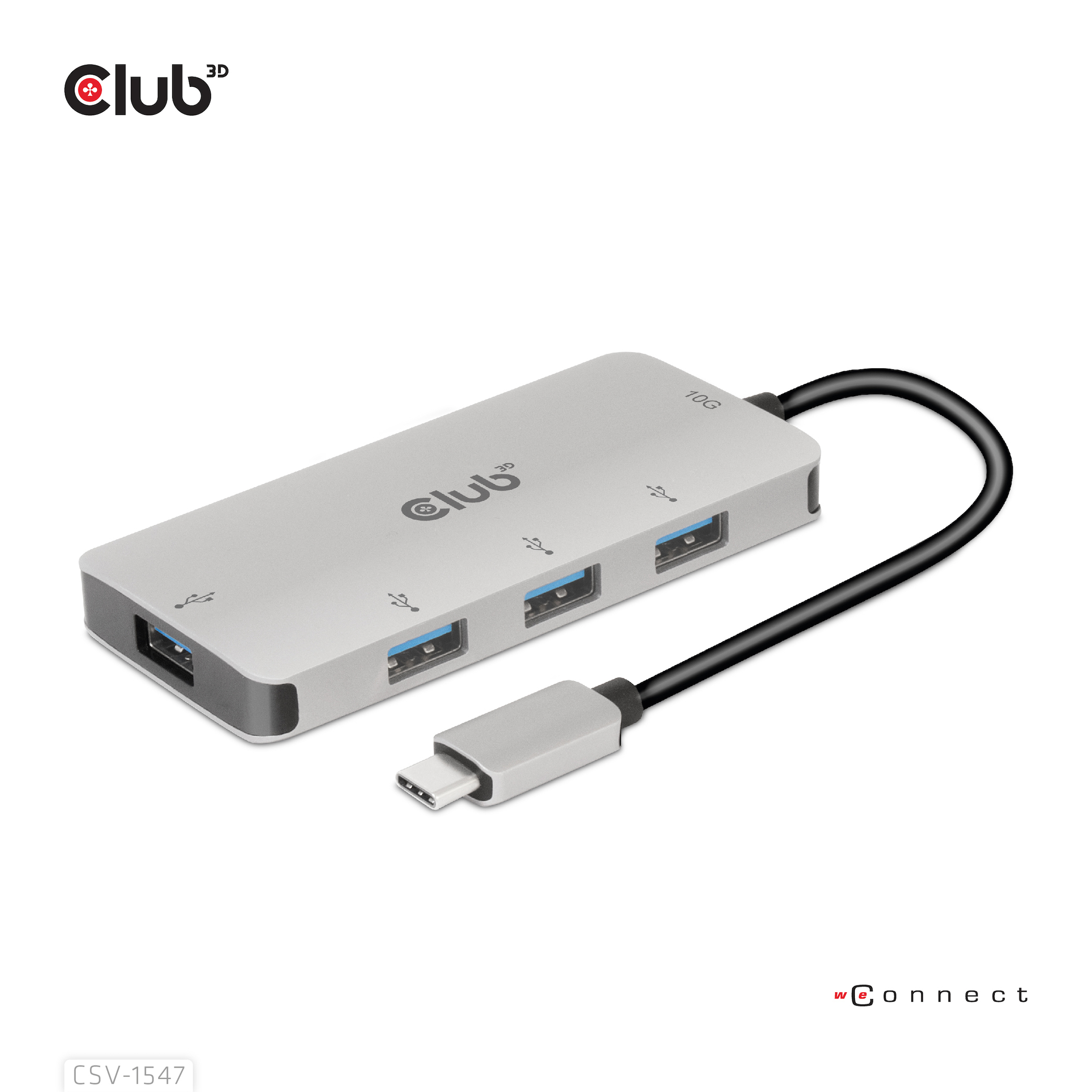 Hub USB a 4 porte argentato con cavo nero e connettore USB-C. Logo Club 3D presente.