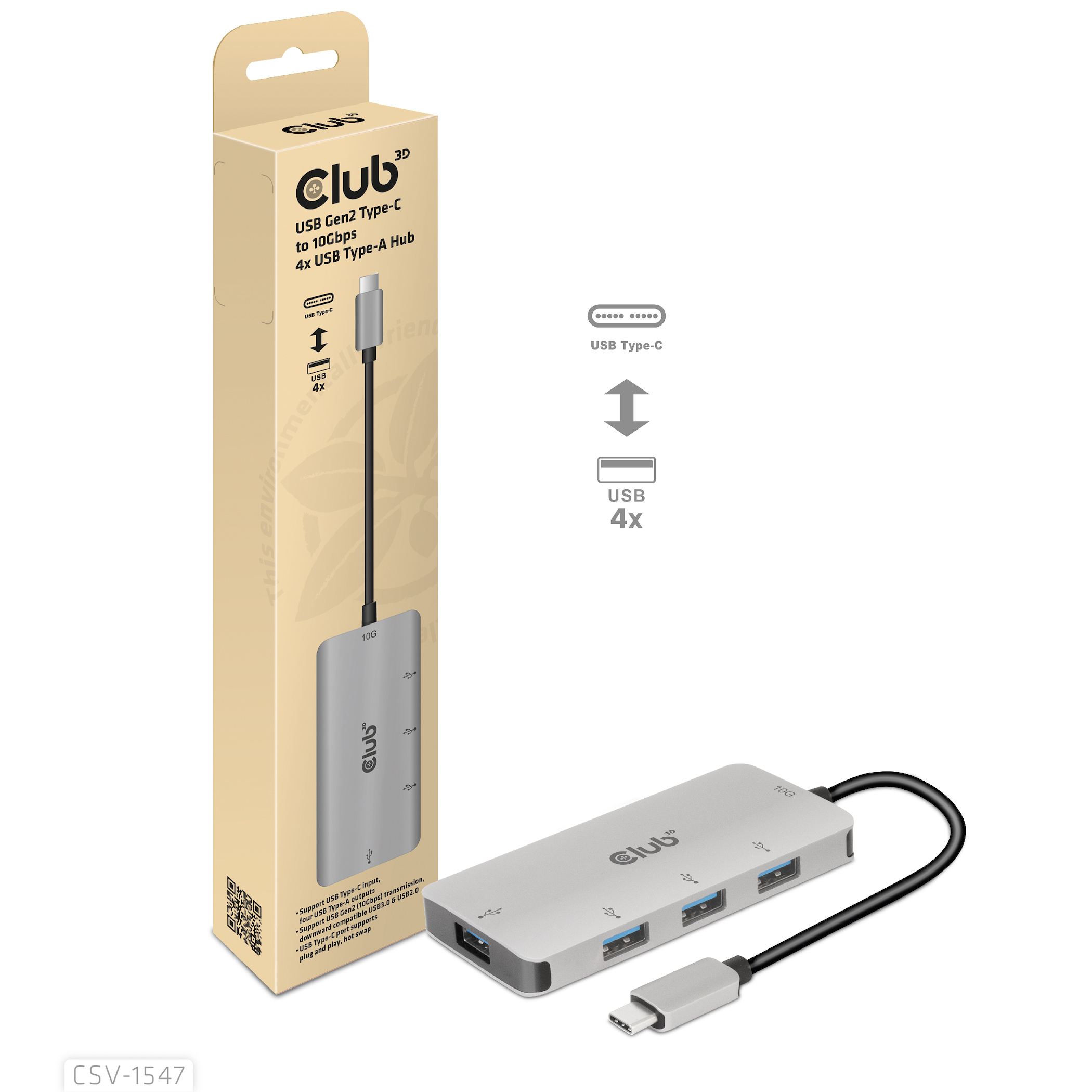 Un hub USB argentato in una scatola con cavo USB-C. La scatola ha un'immagine dell'hub.