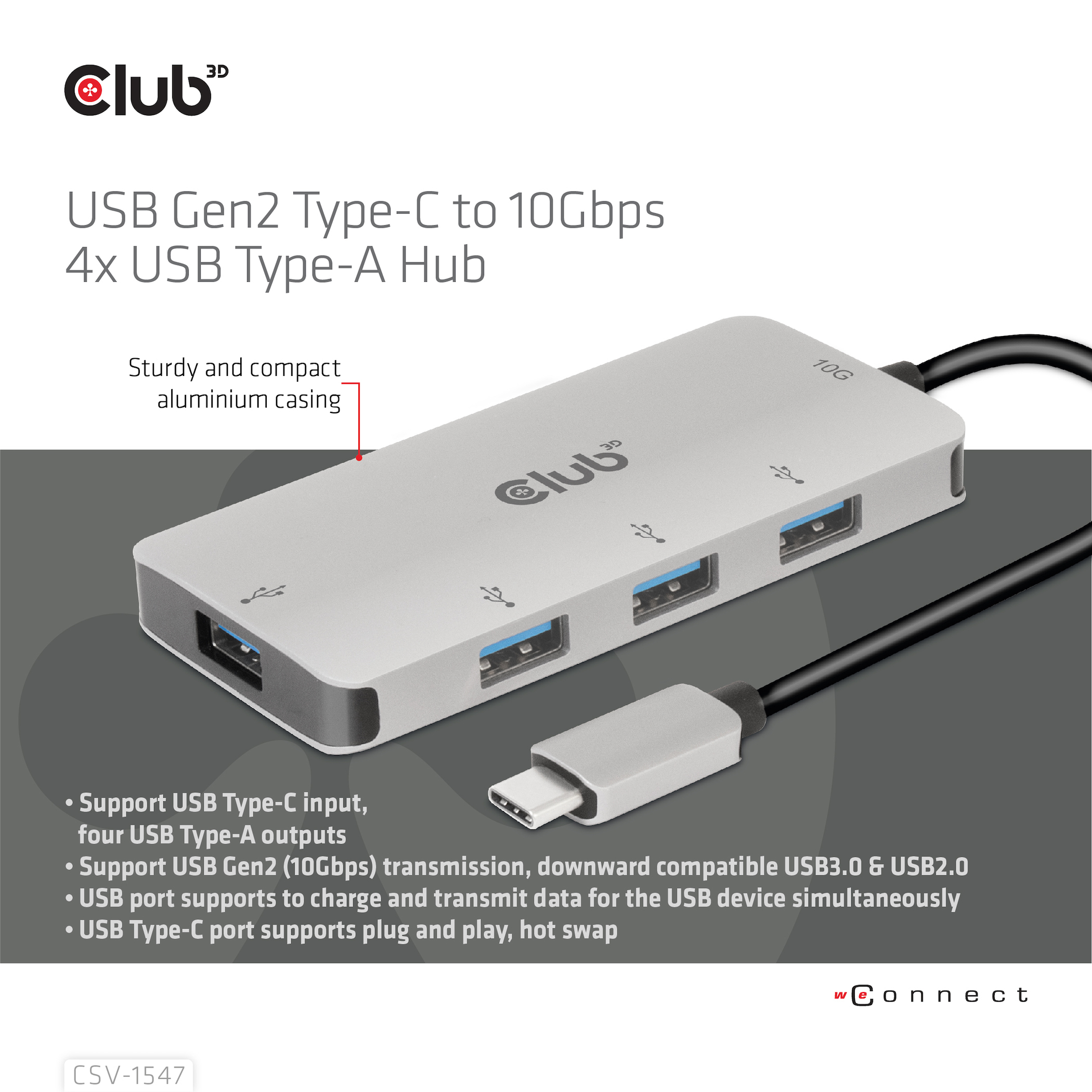 Hub Club 3D USB Gen2 Type-C argentato con quattro porte USB Type-A, sfondo bianco.