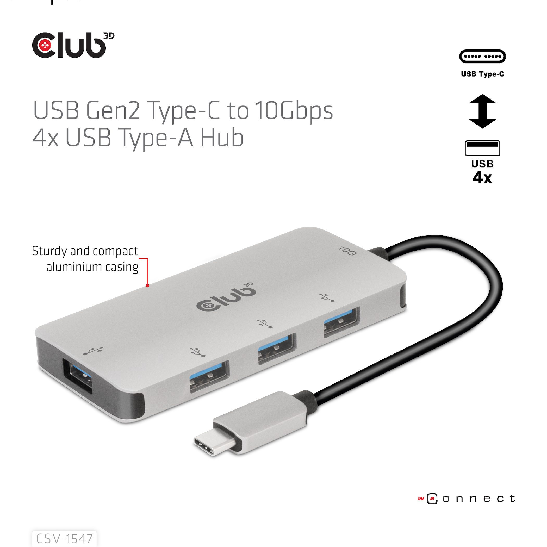 Un hub USB argentato con quattro porte USB, un cavo nero e un connettore USB-C.