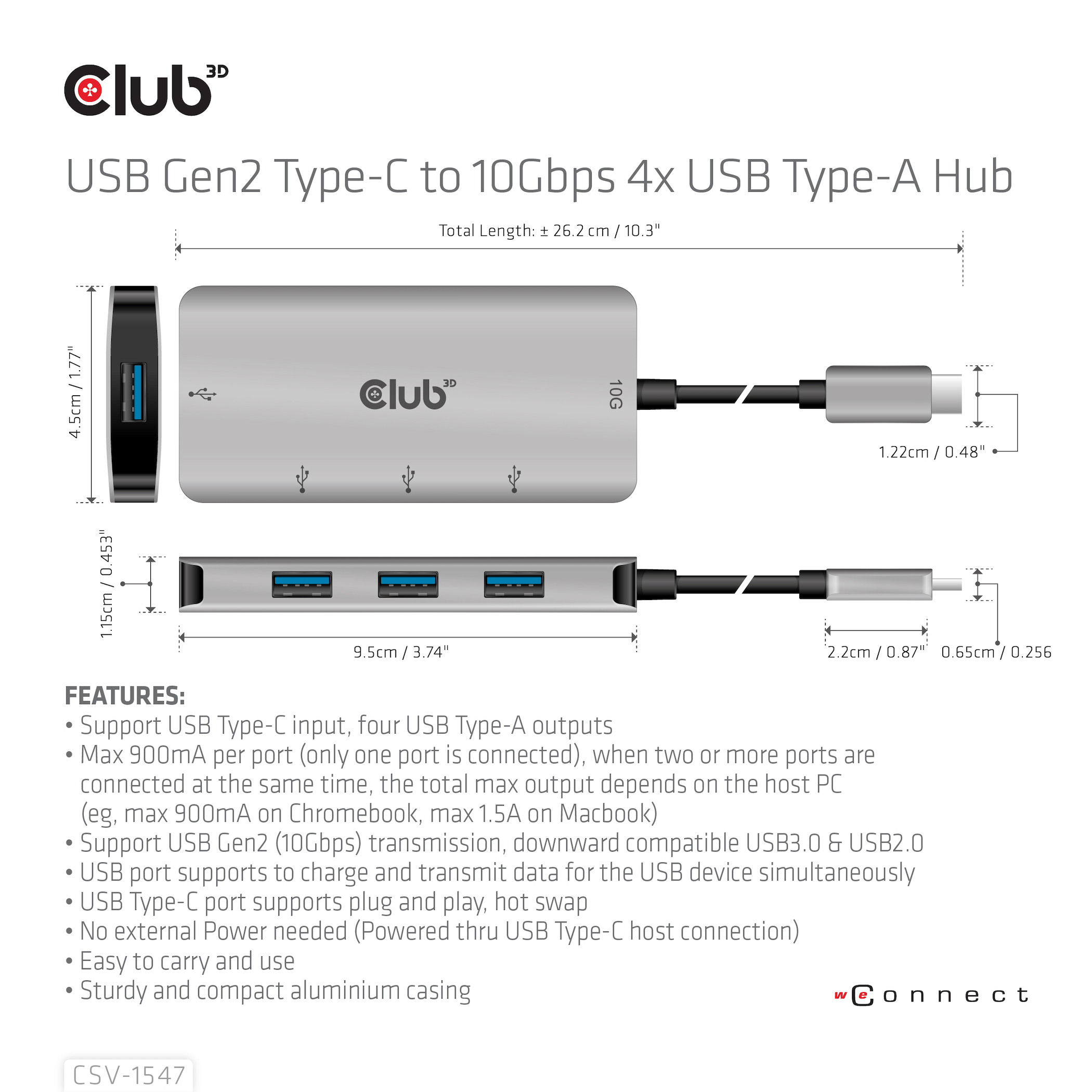 Diagramma di un hub USB Gen2 Type-C a 10 Gbps 4x USB Type-A con dimensioni e caratteristiche.