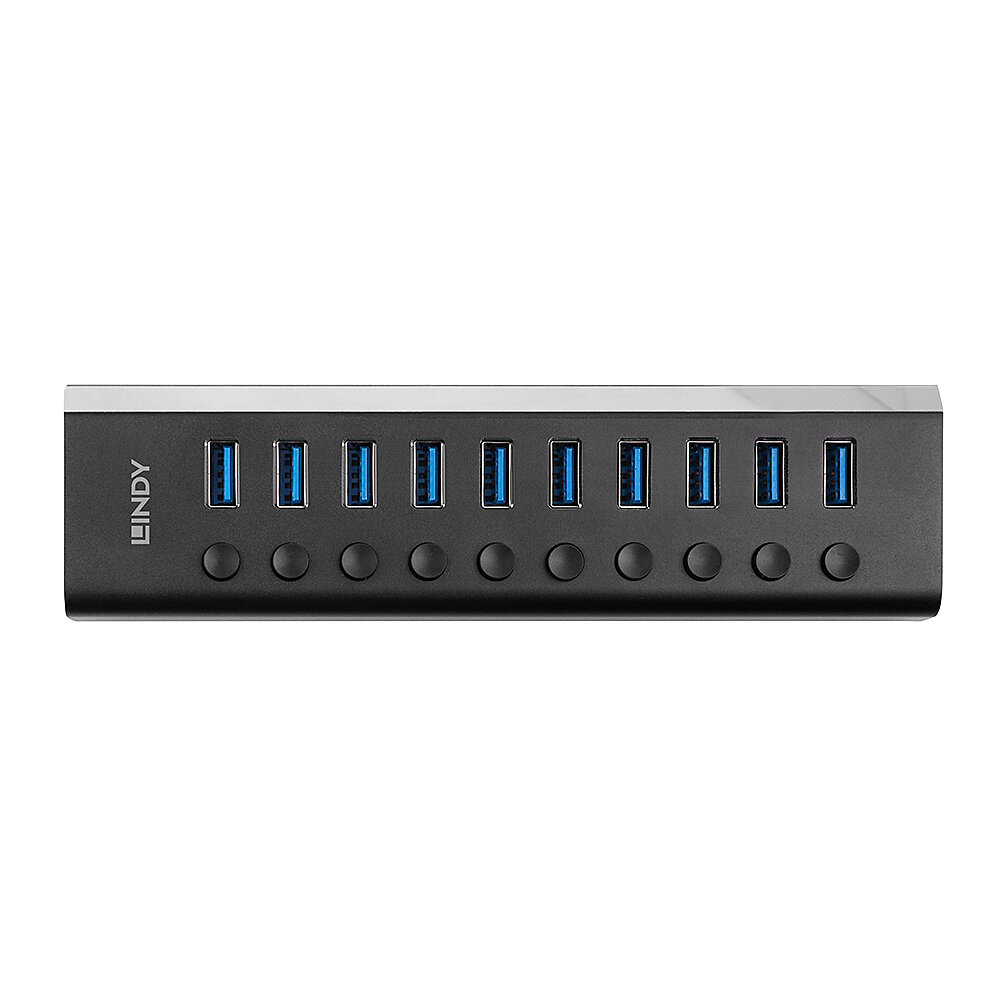 Hub USB Lindy nero con più porte USB. Ha un corpo nero e finiture argentate.