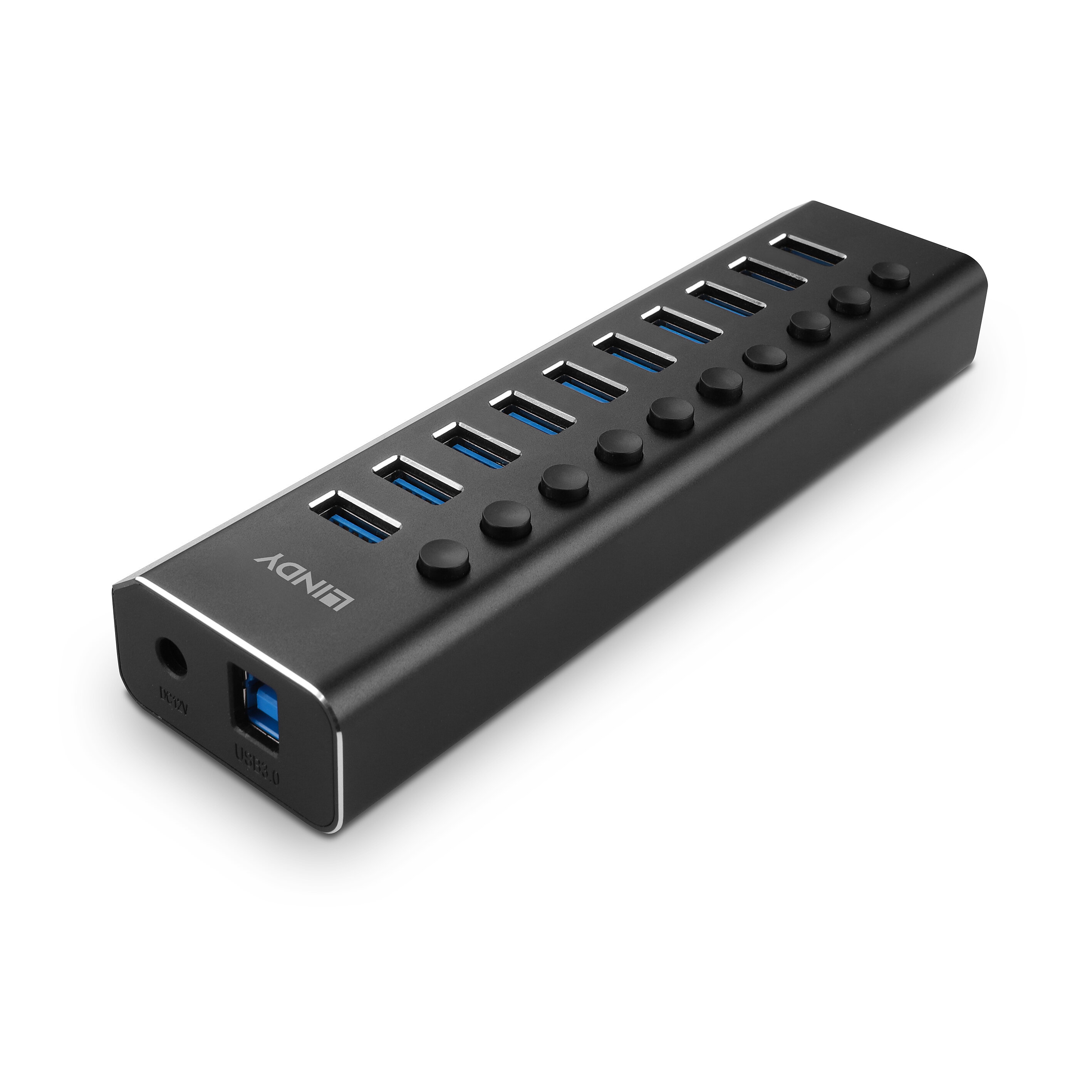 Un hub USB nero con 10 porte USB e pulsanti. Il logo LINDY è visibile.