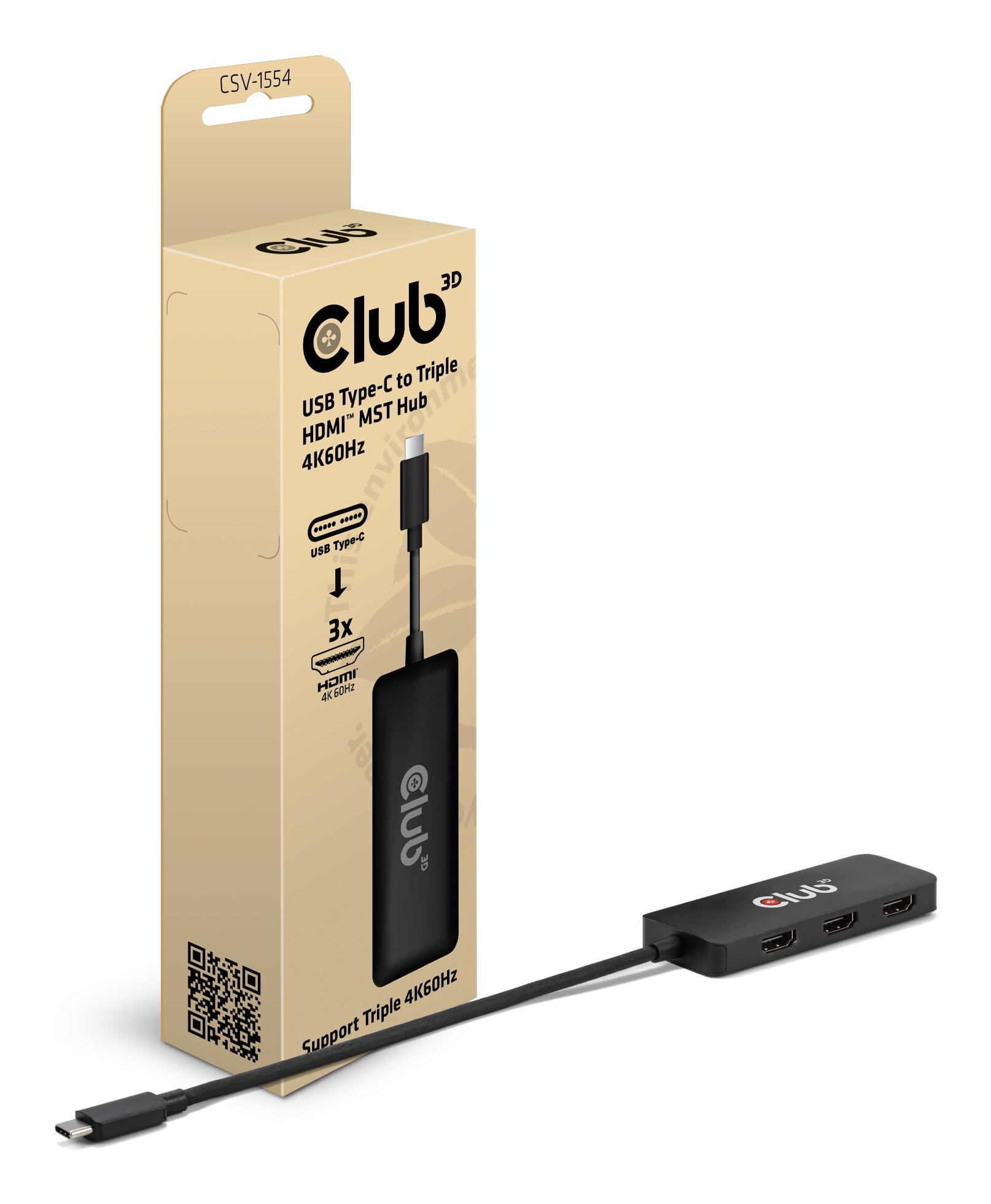 Hub Club 3D USB Type-C a triplo HDMI MST in una scatola. L'hub è nero e collegato alla scatola.
