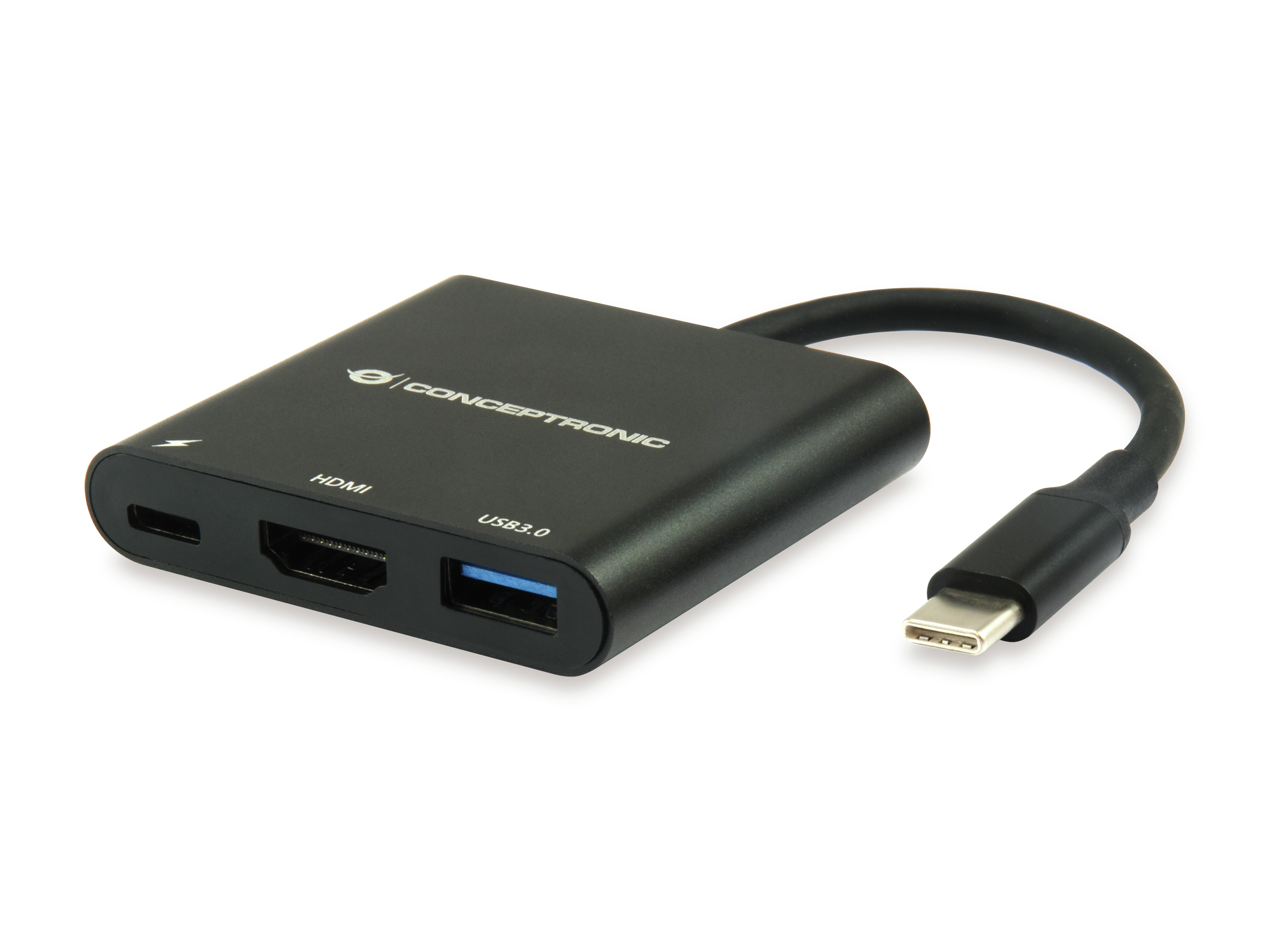 Hub USB nero con porte HDMI, USB 3.0 e USB-C, con cavo nero e connettore USB-C.