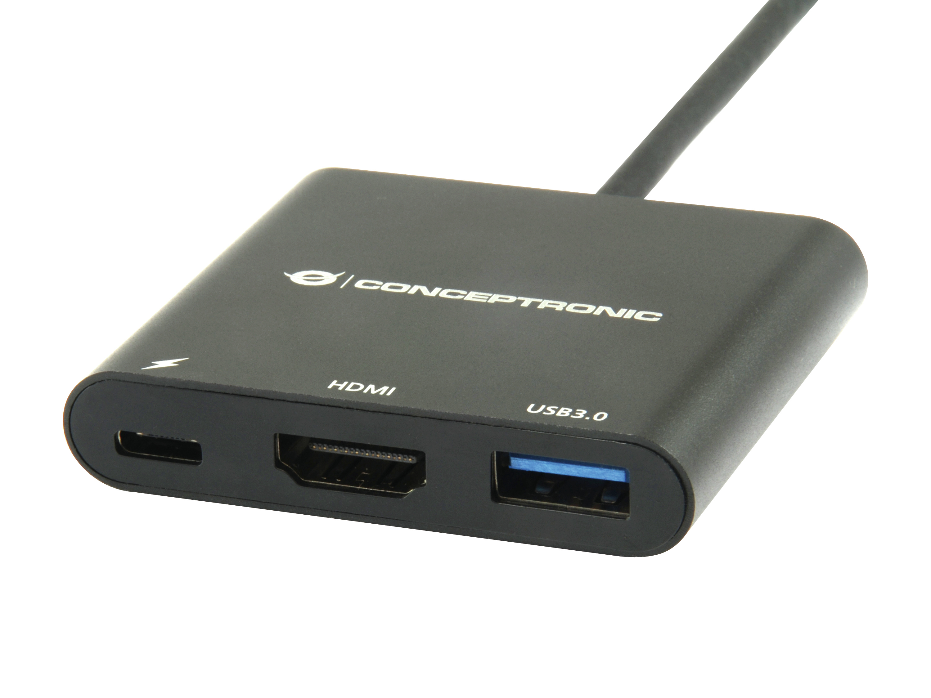 Un hub USB nero con porte HDMI e USB 3.0. Sfondo bianco.