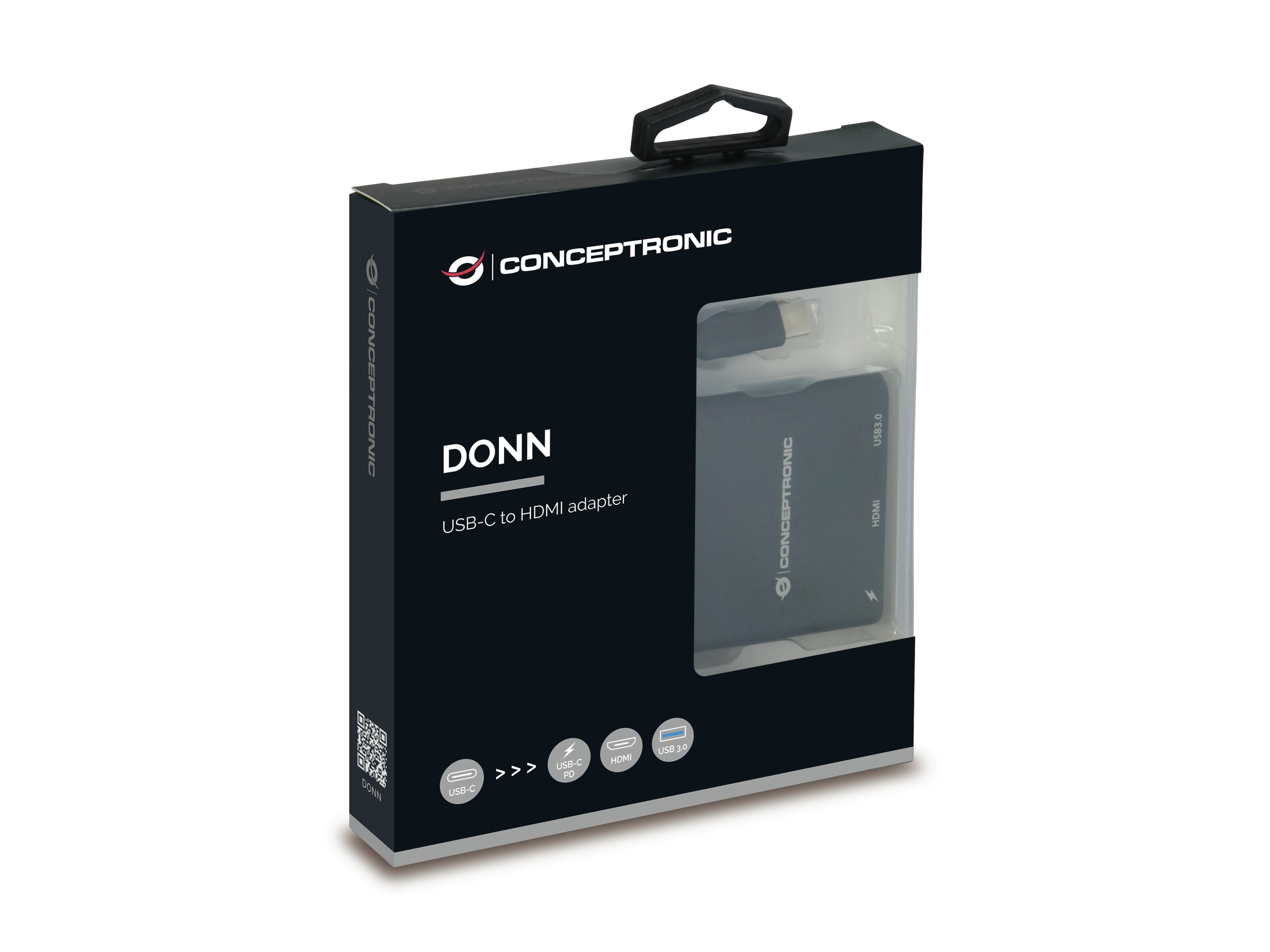 Confezione adattatore Conceptronic DONN USB-C a HDMI nera su sfondo bianco.