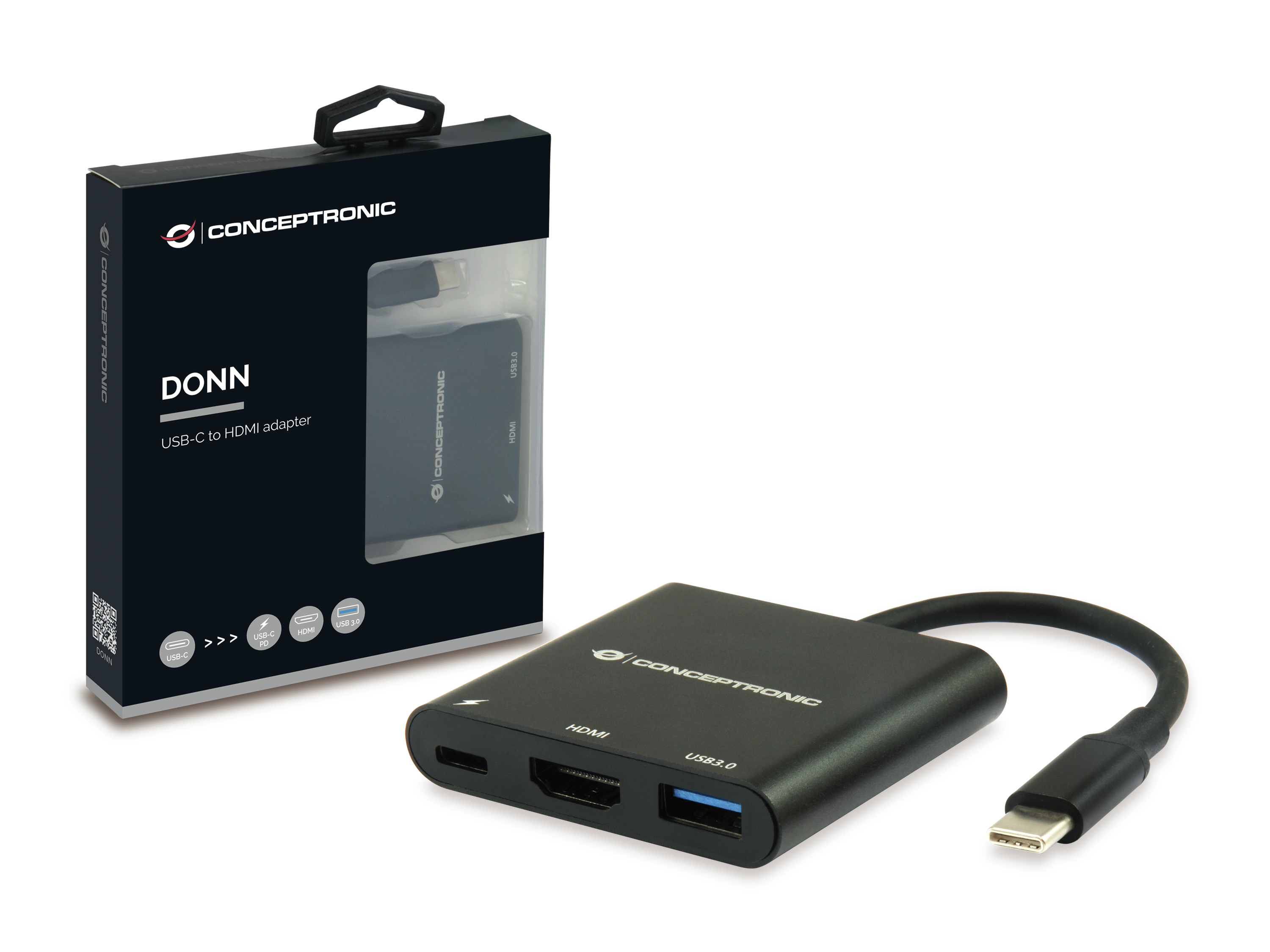Un adattatore USB-C a HDMI nero e la sua scatola sono esposti. La scatola ha il logo CONCEPTTRONIC.