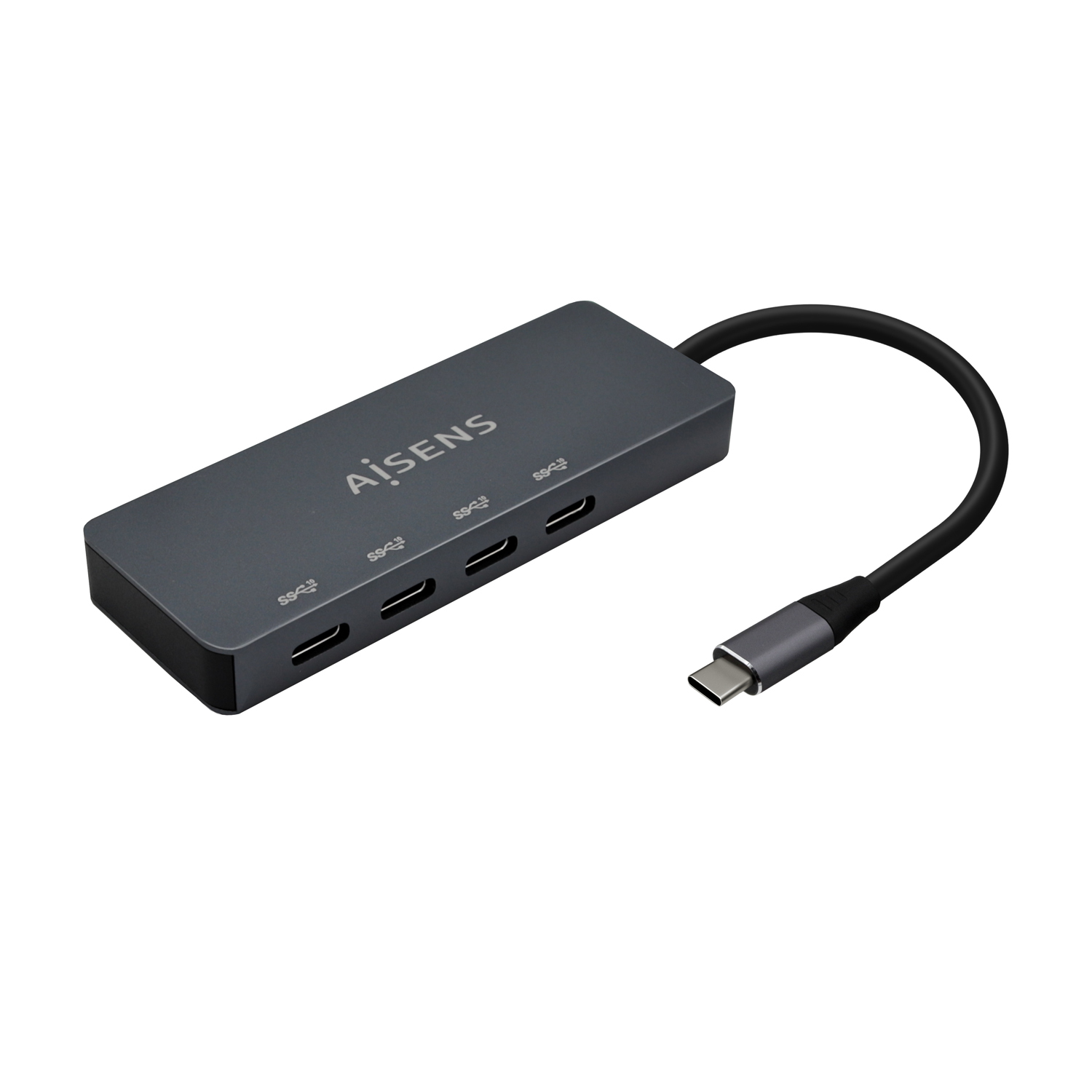 Un hub USB grigio con porte USB-C, un cavo USB-C, marchio AiSENS.