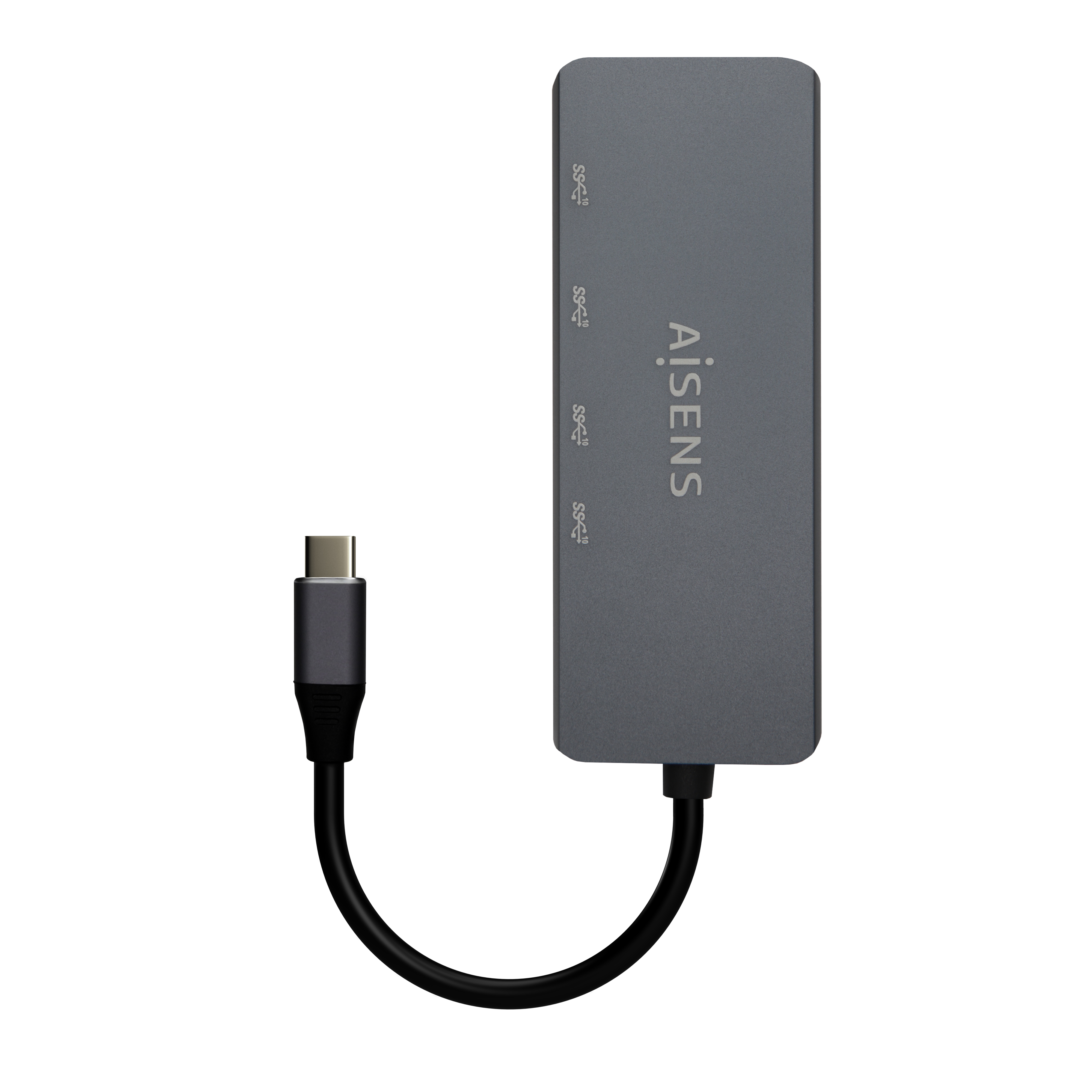 Hub USB-C grigio con quattro porte USB, marchio Aisens, cavo nero, sfondo bianco.