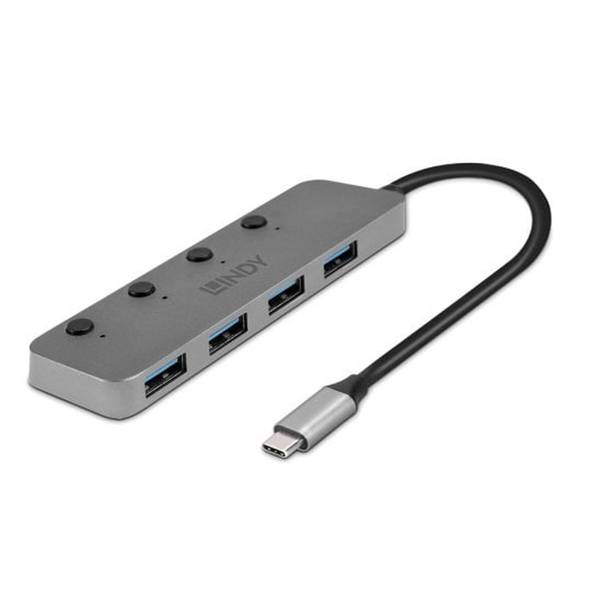 Hub USB grigio con quattro porte USB e un connettore USB-C, con cavo nero, sfondo bianco.