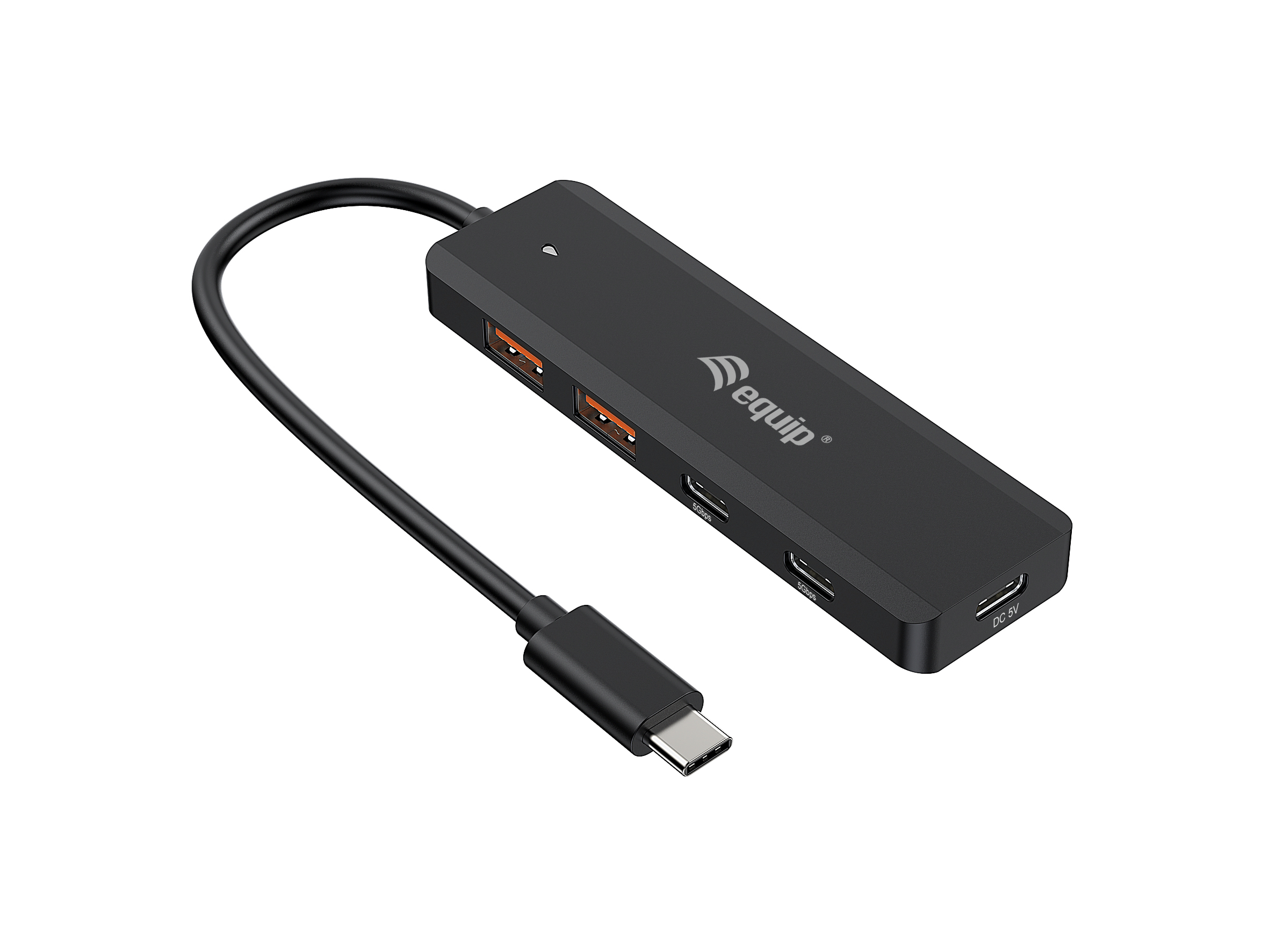 Hub USB-C nero. Contiene ingresso USB-C e porte USB-A.
