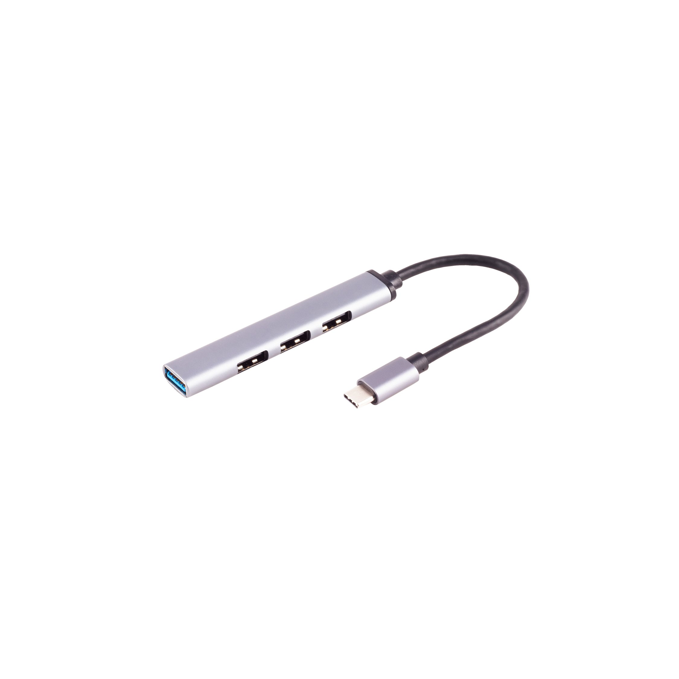 Hub argentato con ingresso USB-A e porte USB-C. Cavo nero.
