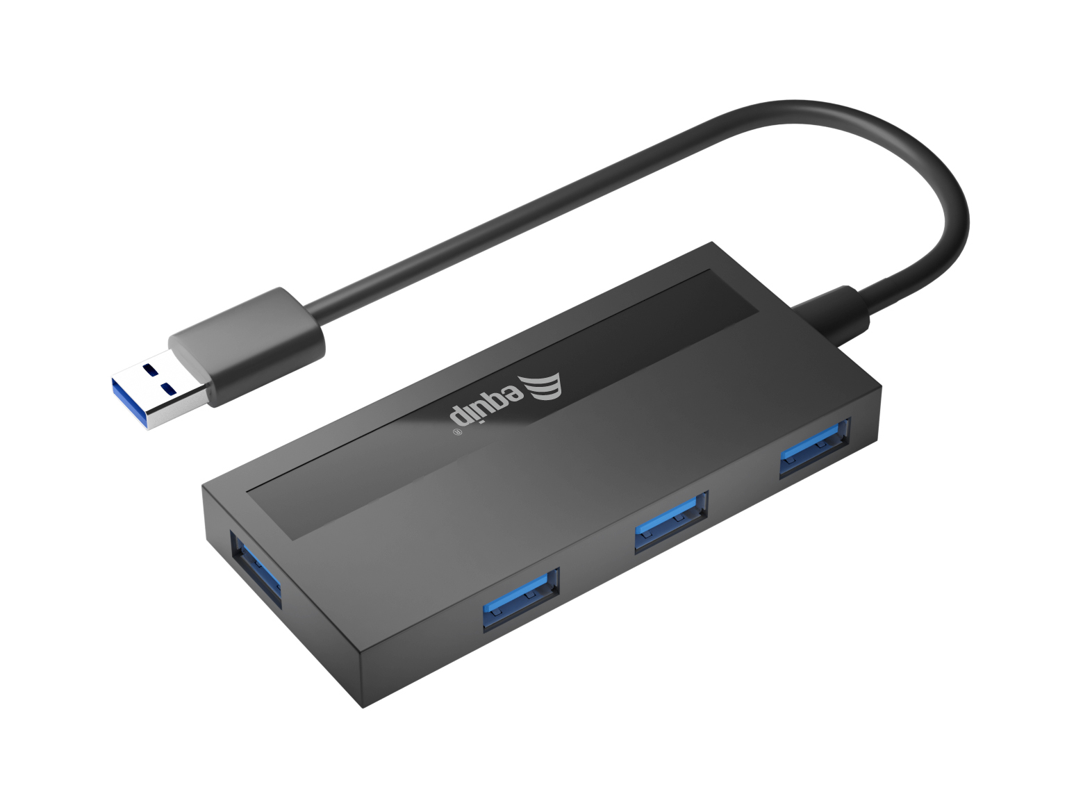 Un hub USB nero con un cavo USB-A. Quattro porte USB sono visibili, tutte blu.