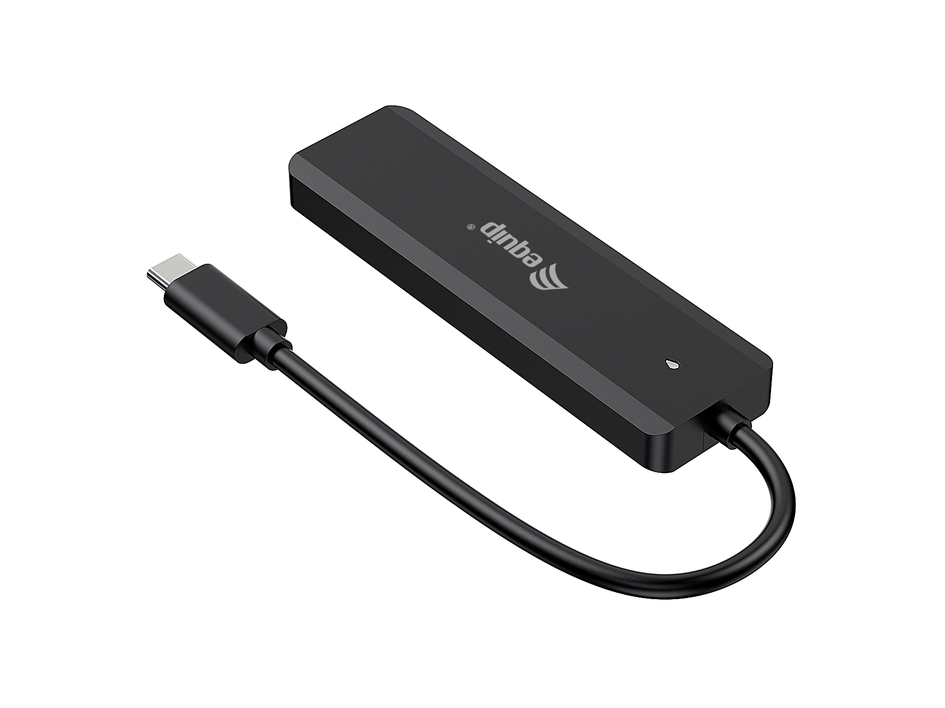 Un adattatore USB-C nero. Un cavo nero si estende a un connettore USB-C.