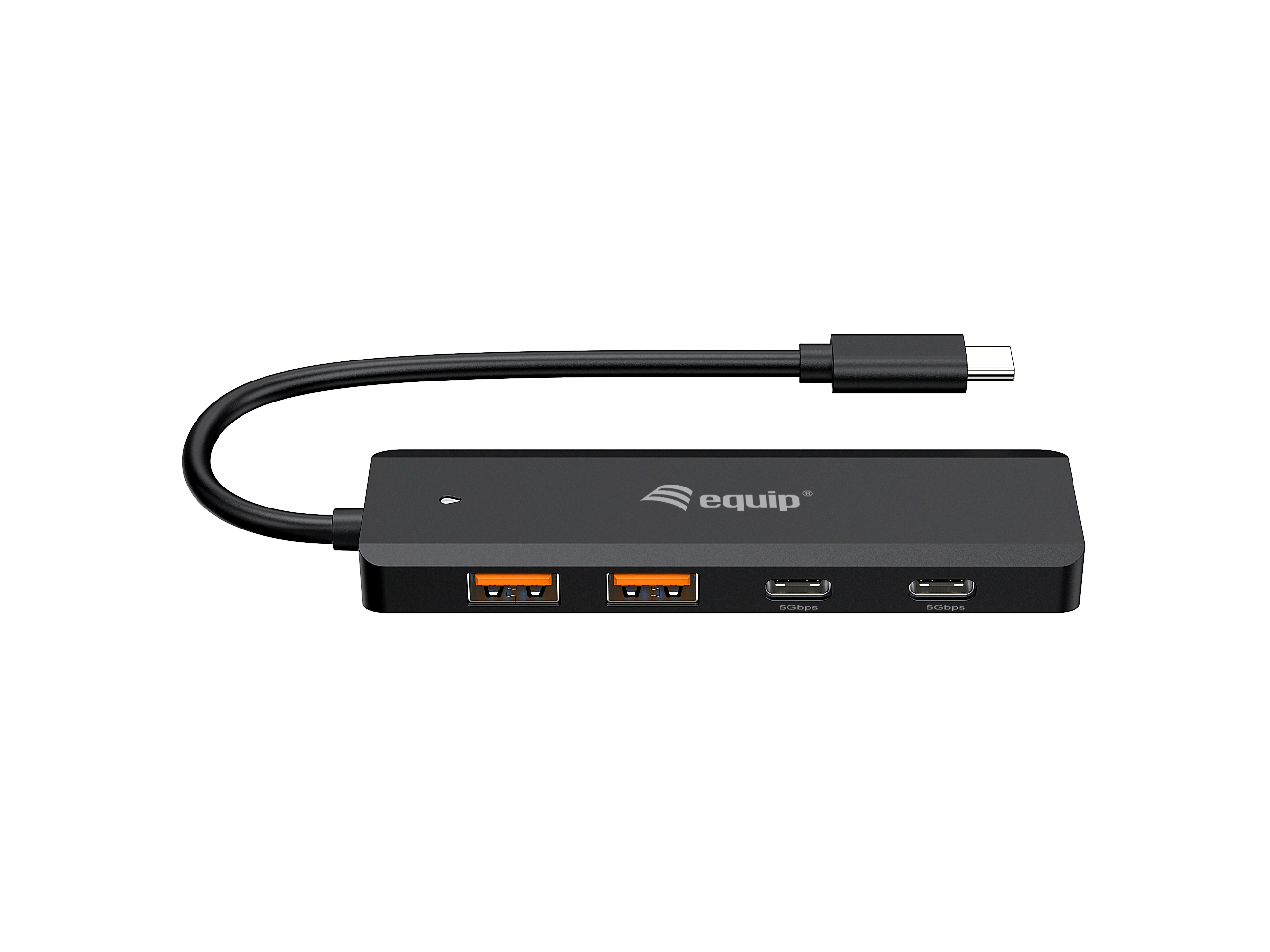 Hub USB-C nero con ingresso USB-C e porte USB-A. Cavo nero.